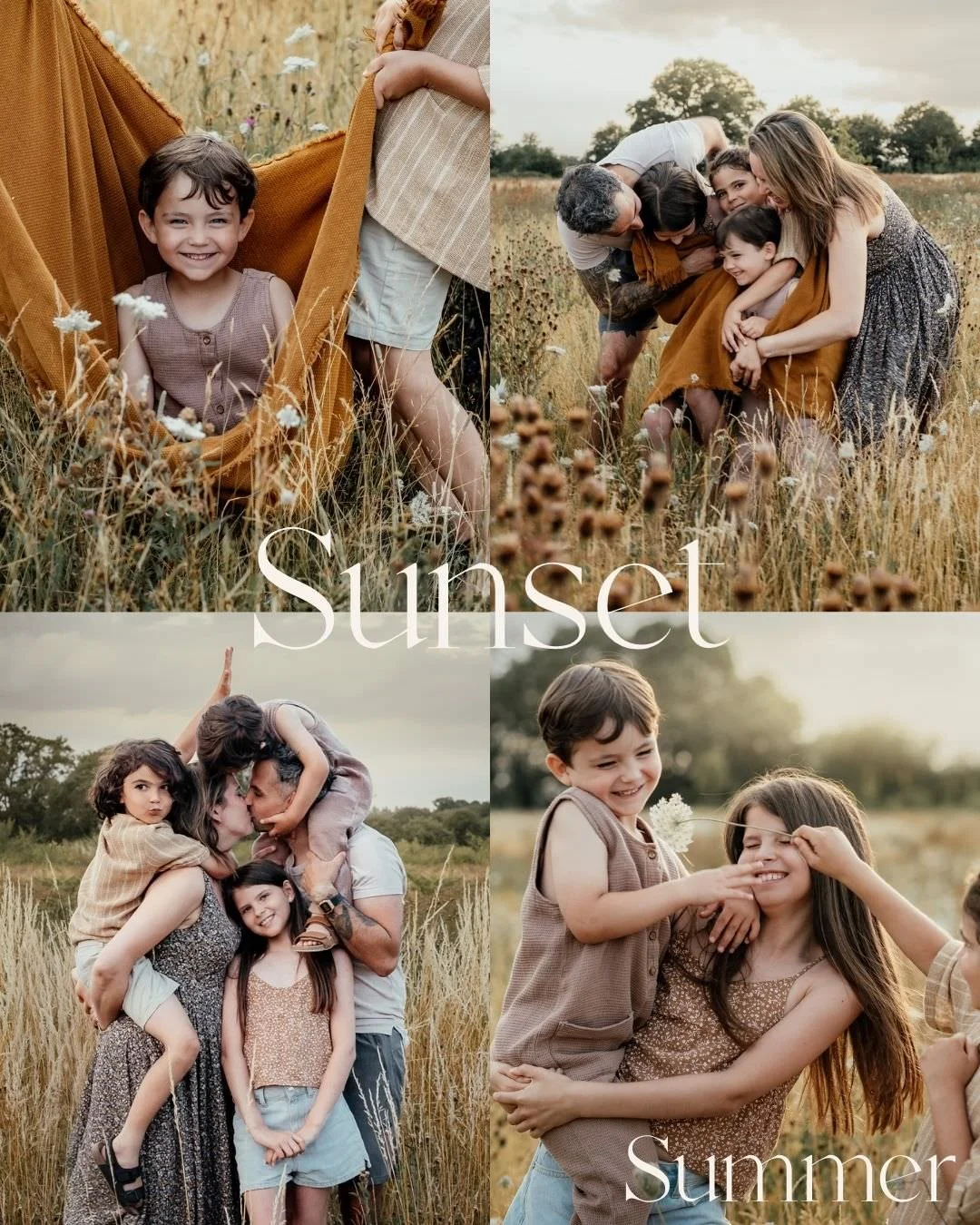 collage of four images taken at golden hour in a meadow of a family of two parents, two boys and one older girl having fun with flowers an a blanket game wrapped around the youngest child
