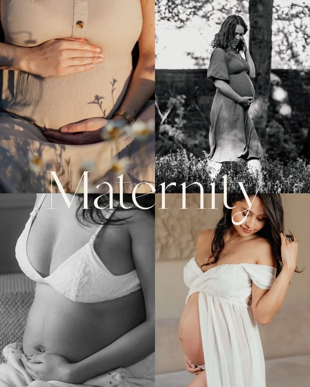 collage of four maternity images, showing pregnant women holding their bumps 