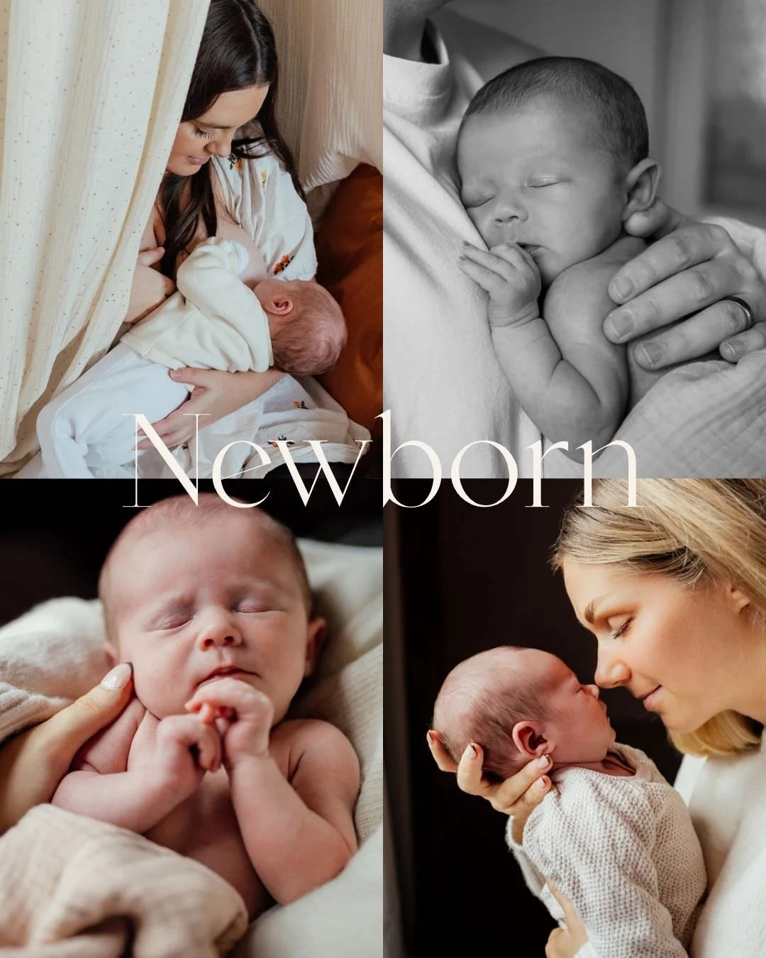 collage of four newborn baby images, one black and white, two with mum and baby, one with just baby, all taken at home