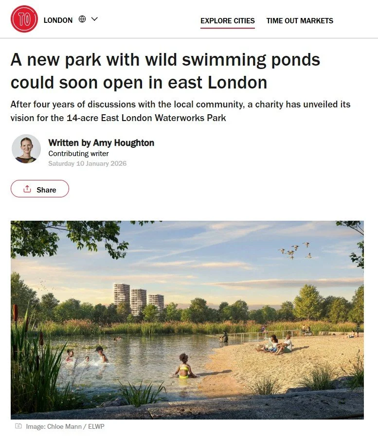 A screenshot of a news article in timeout featuring a visual produced for The East London Waterworks Park by Chloe Mann under the name Blue Dusk.