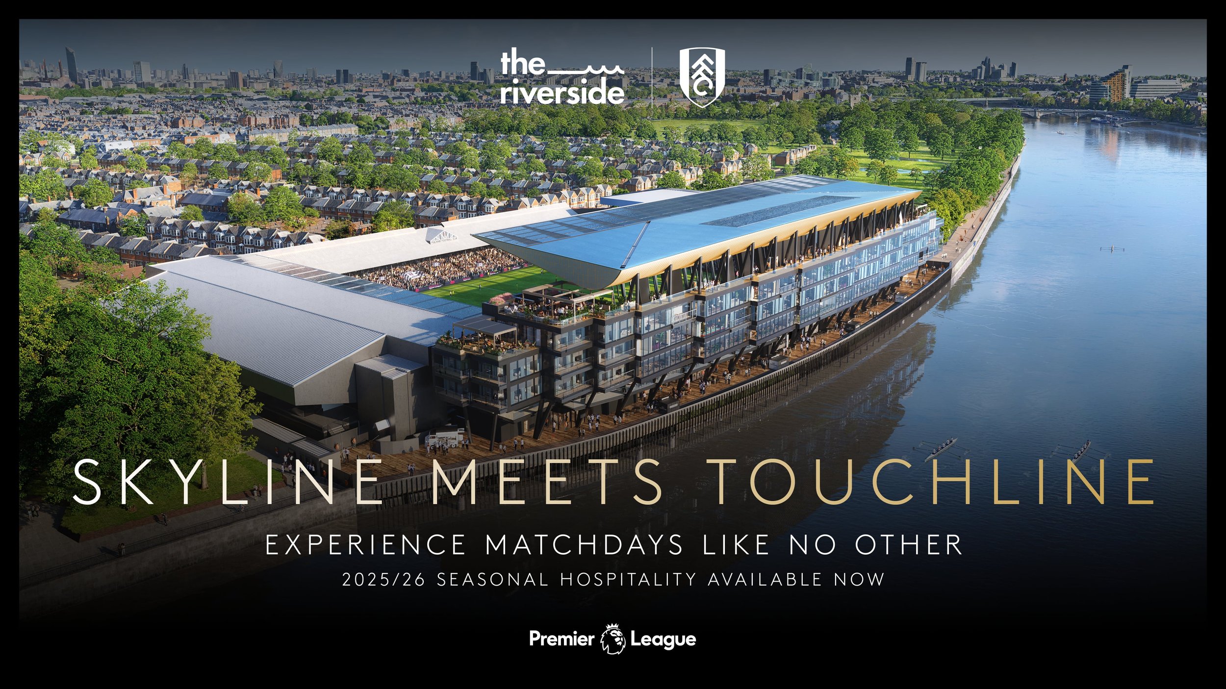 An image taken from the Fulham FC website featuring a visual of the new craven cottage riverside stand visualised by Chloe Mann under the name Blue Dusk