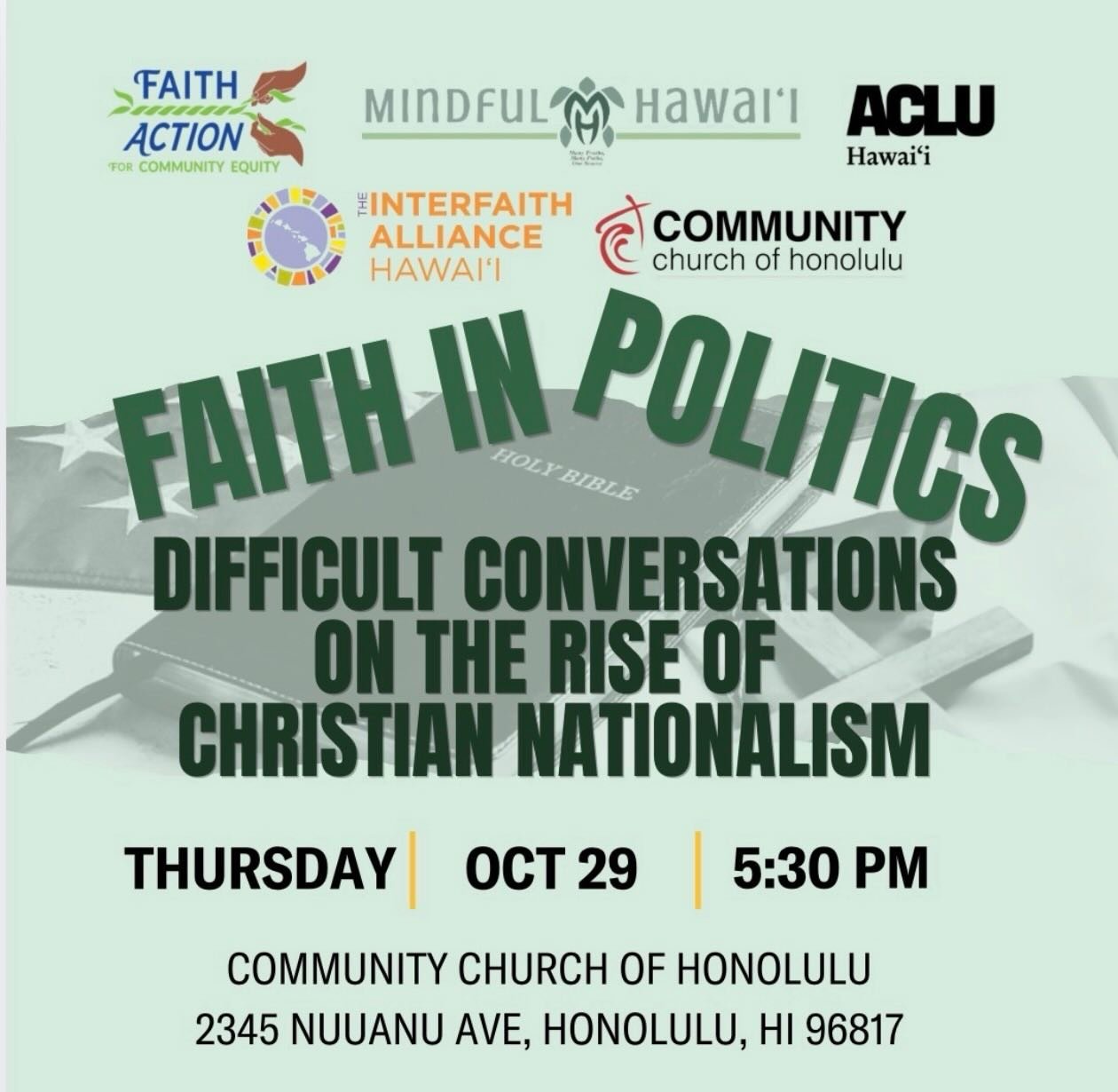 Join us for bentos and good conversation about the rise of Christian nationalism in our country and why that should matter for Christians. Thursday, Oct 29. Doors open at 5:30, program begins at 6. Join us!