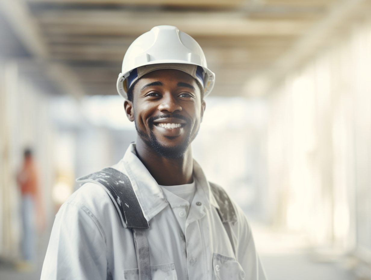 Lächelnder Handwerker mit Helm und Arbeitskleidung