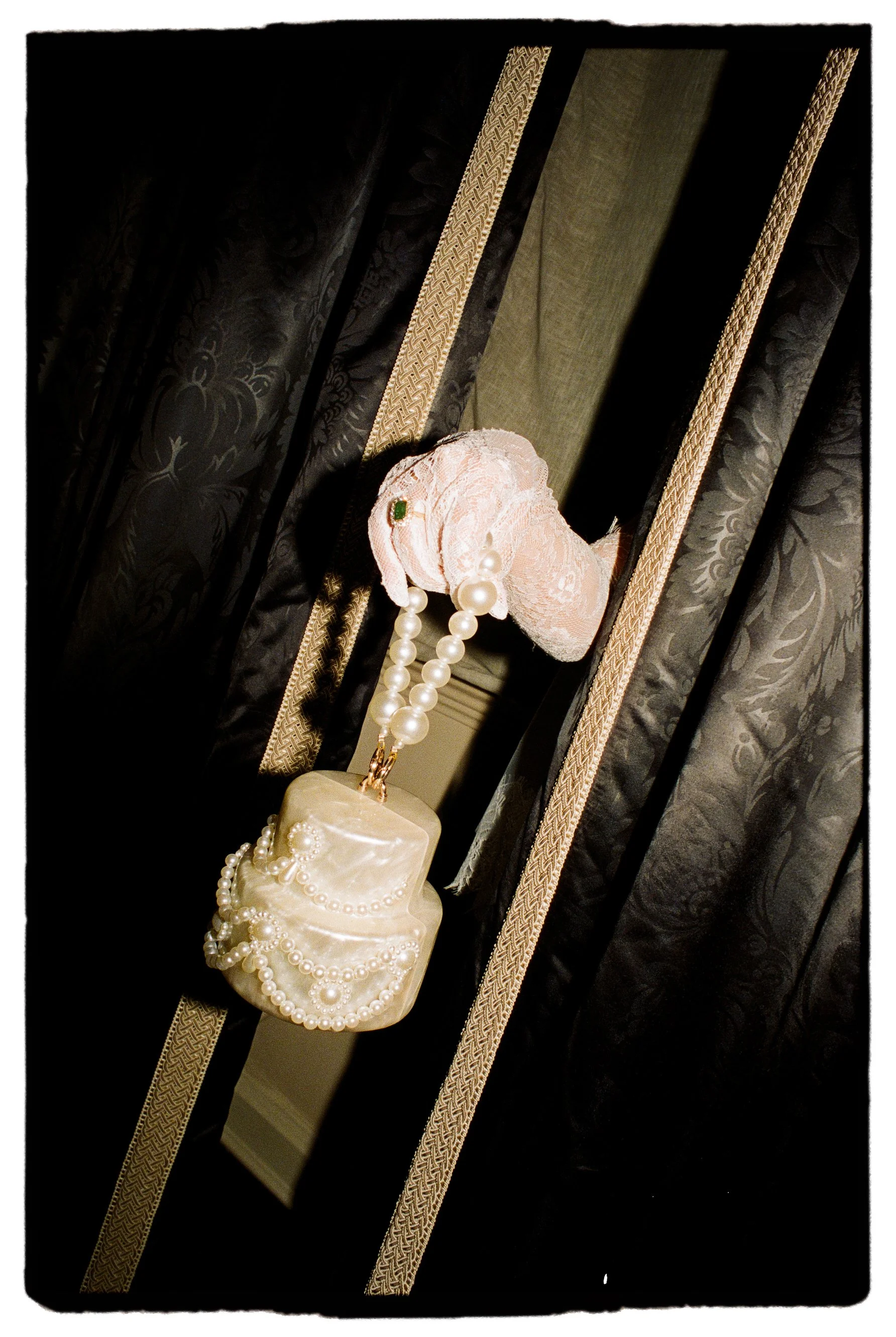 Simone Rocha bridal hand bag at The Savoy London wedding on 35mm film