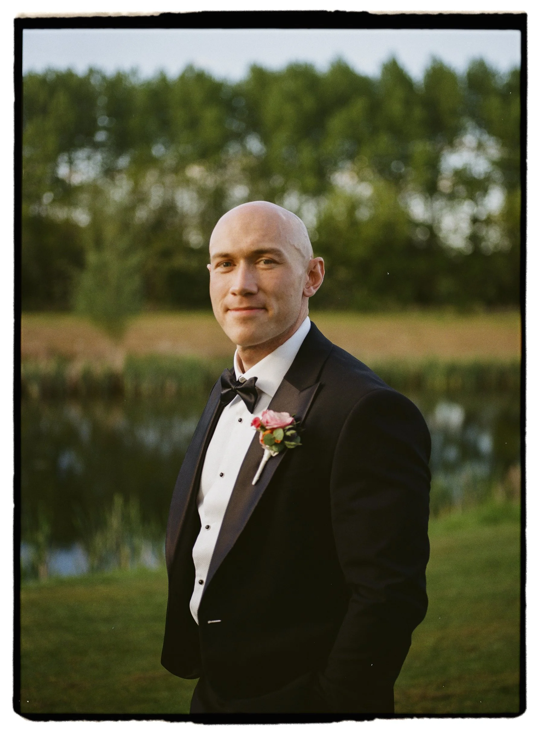 Groom portrait on 35mm film at Willow Marsh Farm UK