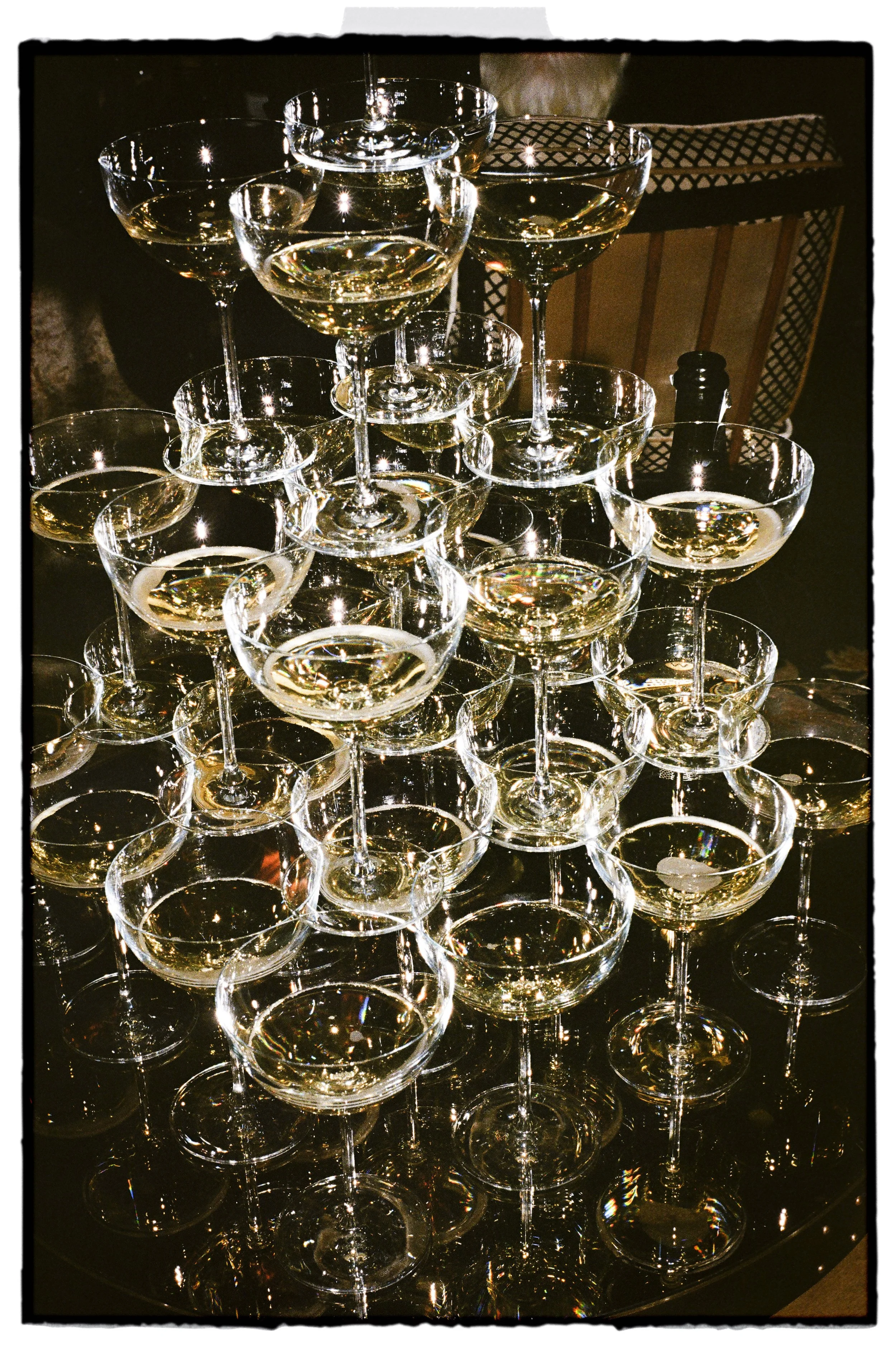 champagne tower at The Nomad Hotel London shot on 35mm film with flash
