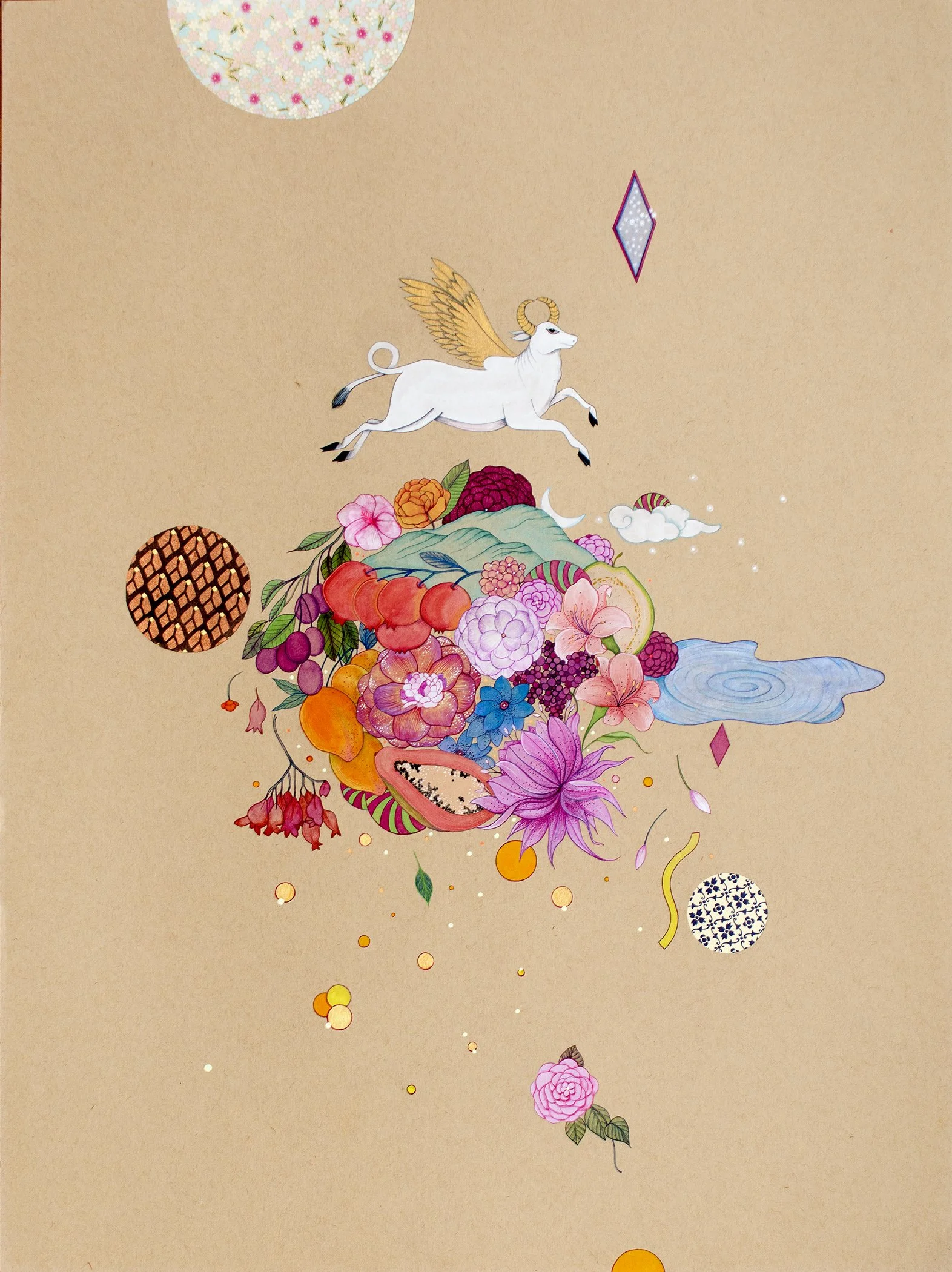 The Cow of Abundance, Stone pigments, gouache and inks on 300 gsm toned paper, 18" x 24", Available via Kalakriti Gallery