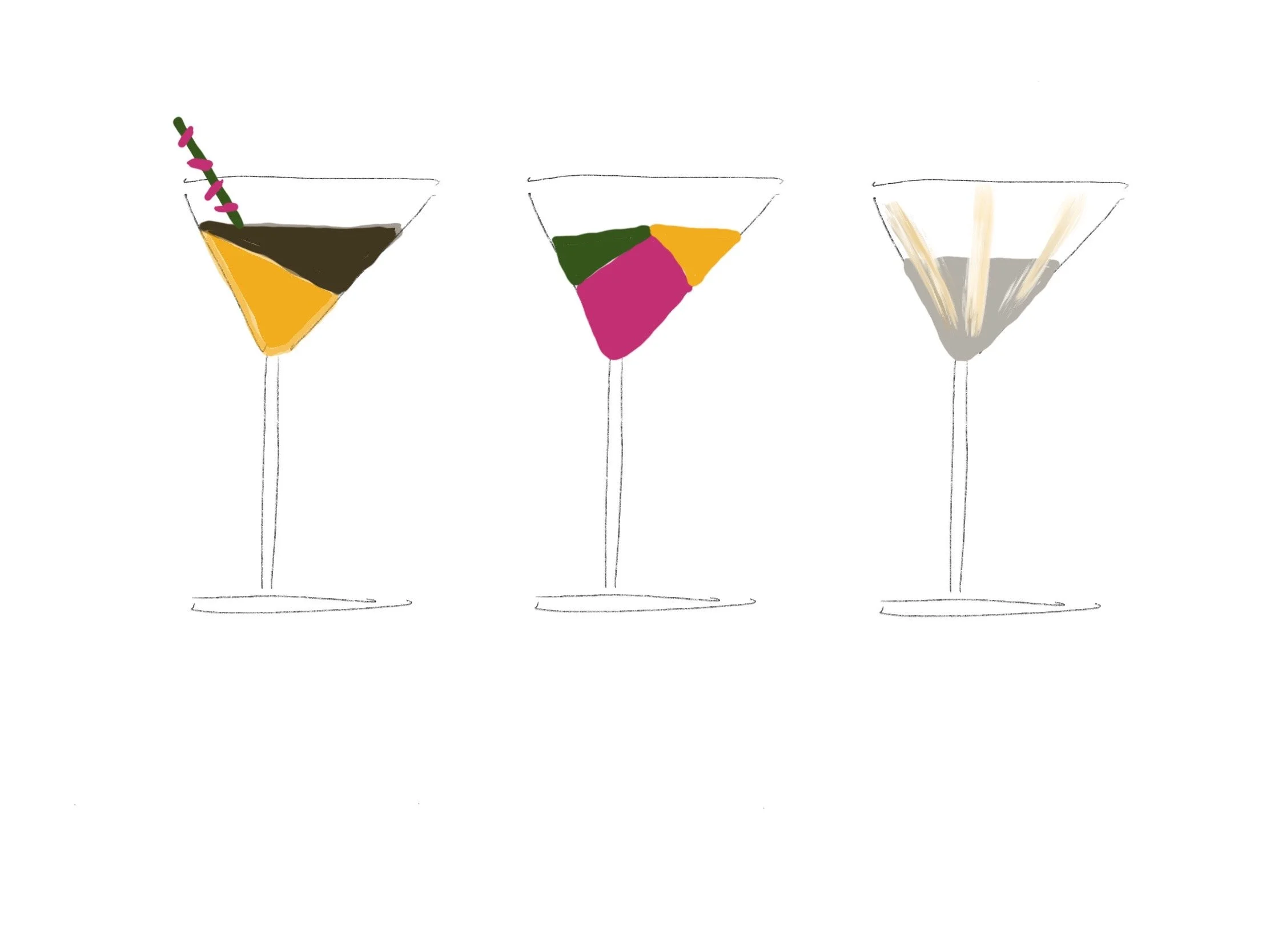 Preliminary sketches of what the drink could look like. It was only until we started prototyping with flavors did I start to understand the art of mixology, 