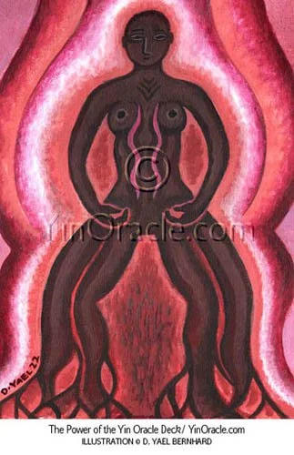 A dark-skinned woman with roots for feet stands in Women's Power Stance against a glowing red background. Grounding Card from the Power of the Yin Oracle Deck. YinOracle.com