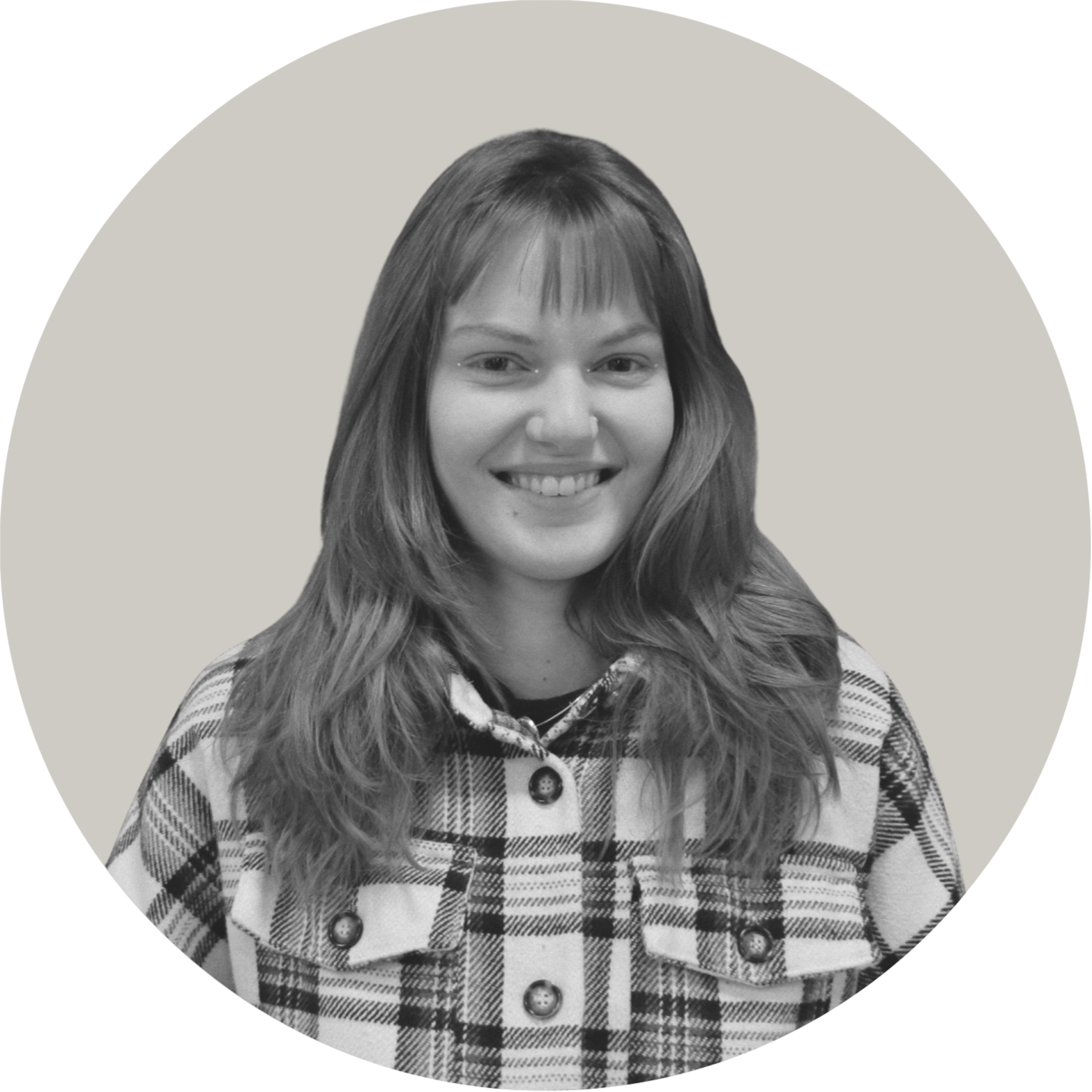 Rundt beskåret sorthvidt billede af Caroline