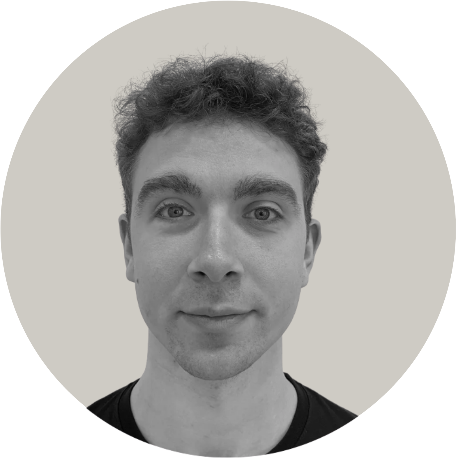 Round cropped black and white image of Jacob Olesen