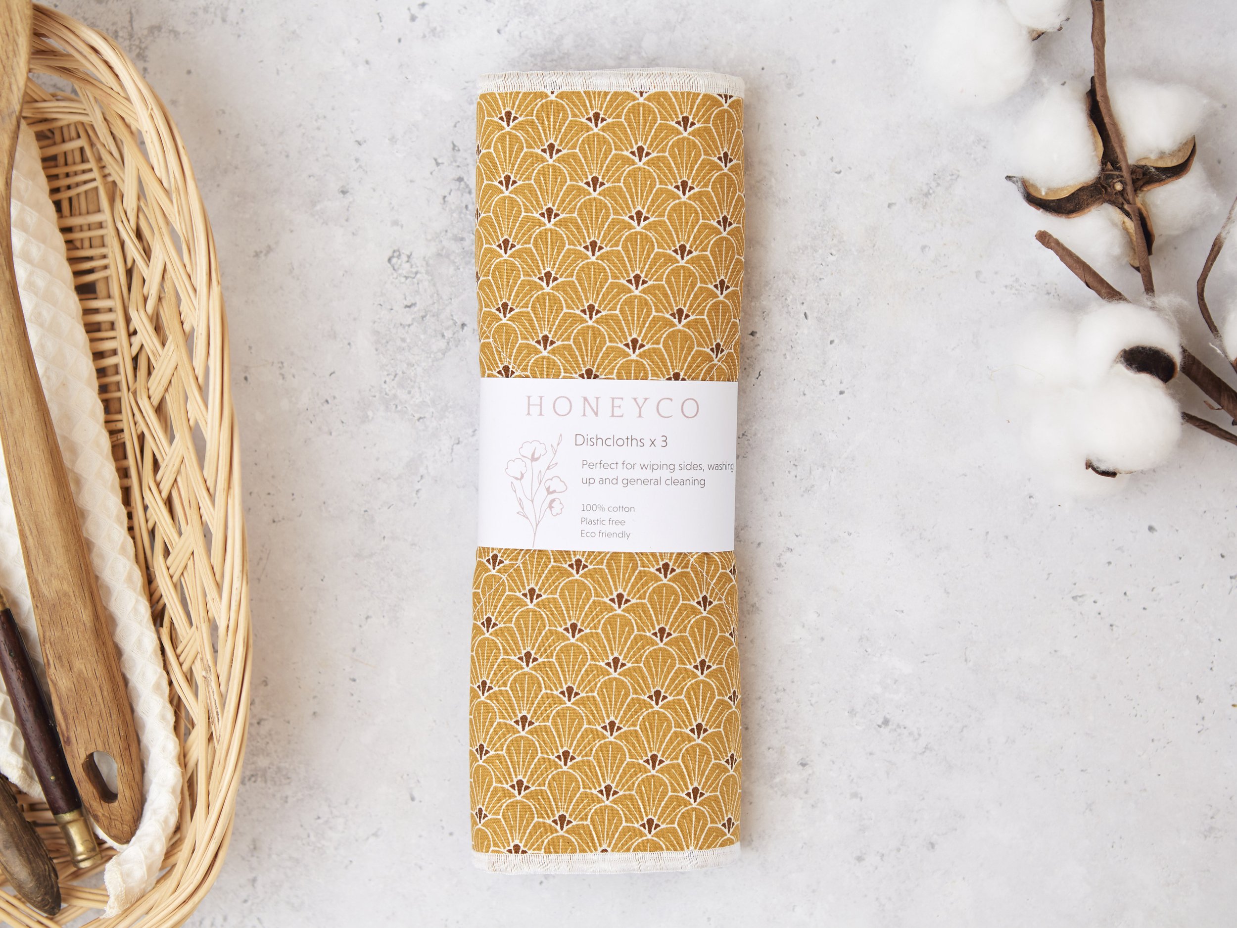 Kitchen dish cloths - mustard art deco - reusable eco friendly cleaning - honeyco.jpg