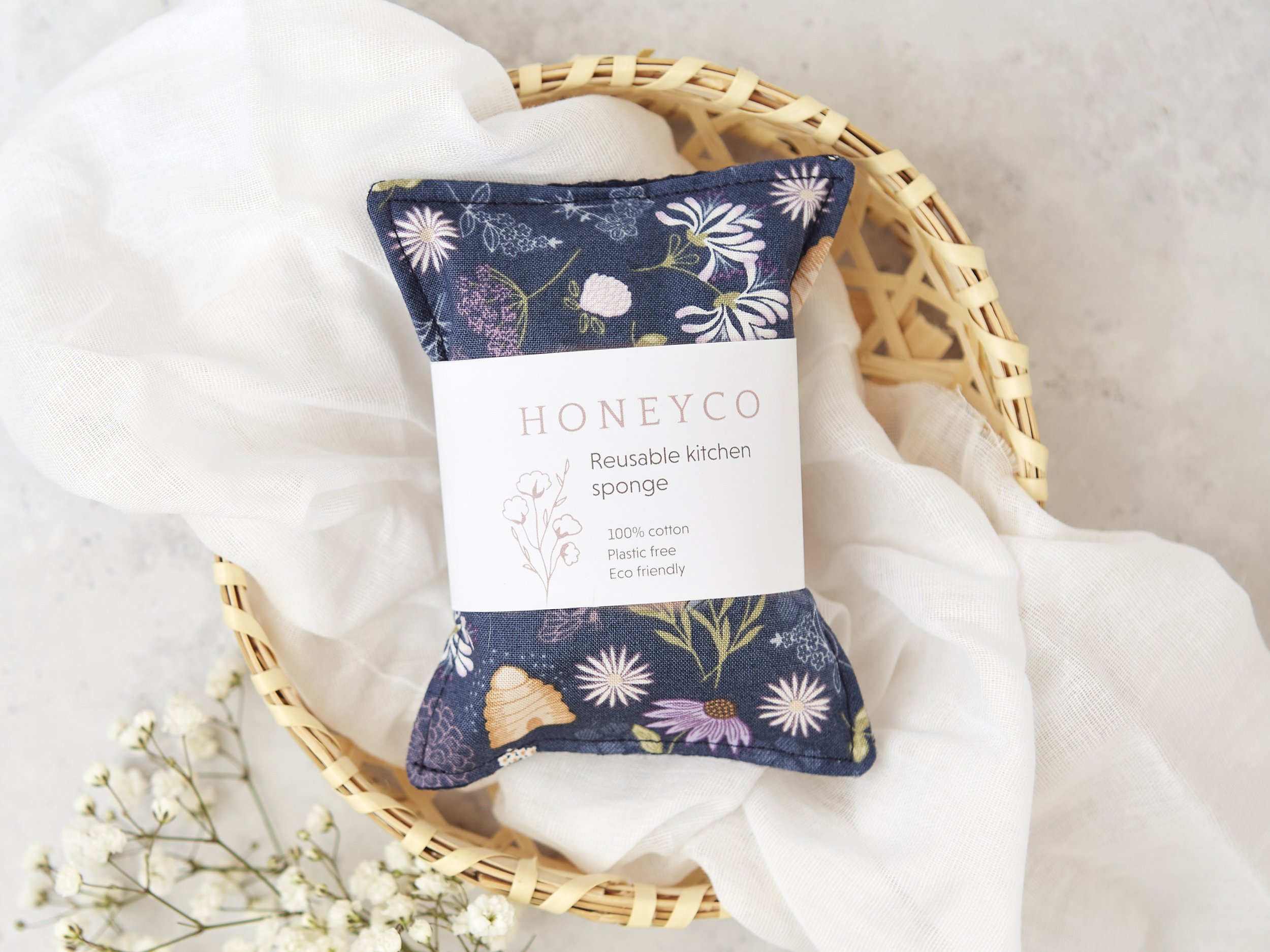 Kitchen sponge - navy blue floral bee - reusable eco friendly cleaning - honeyco.jpg