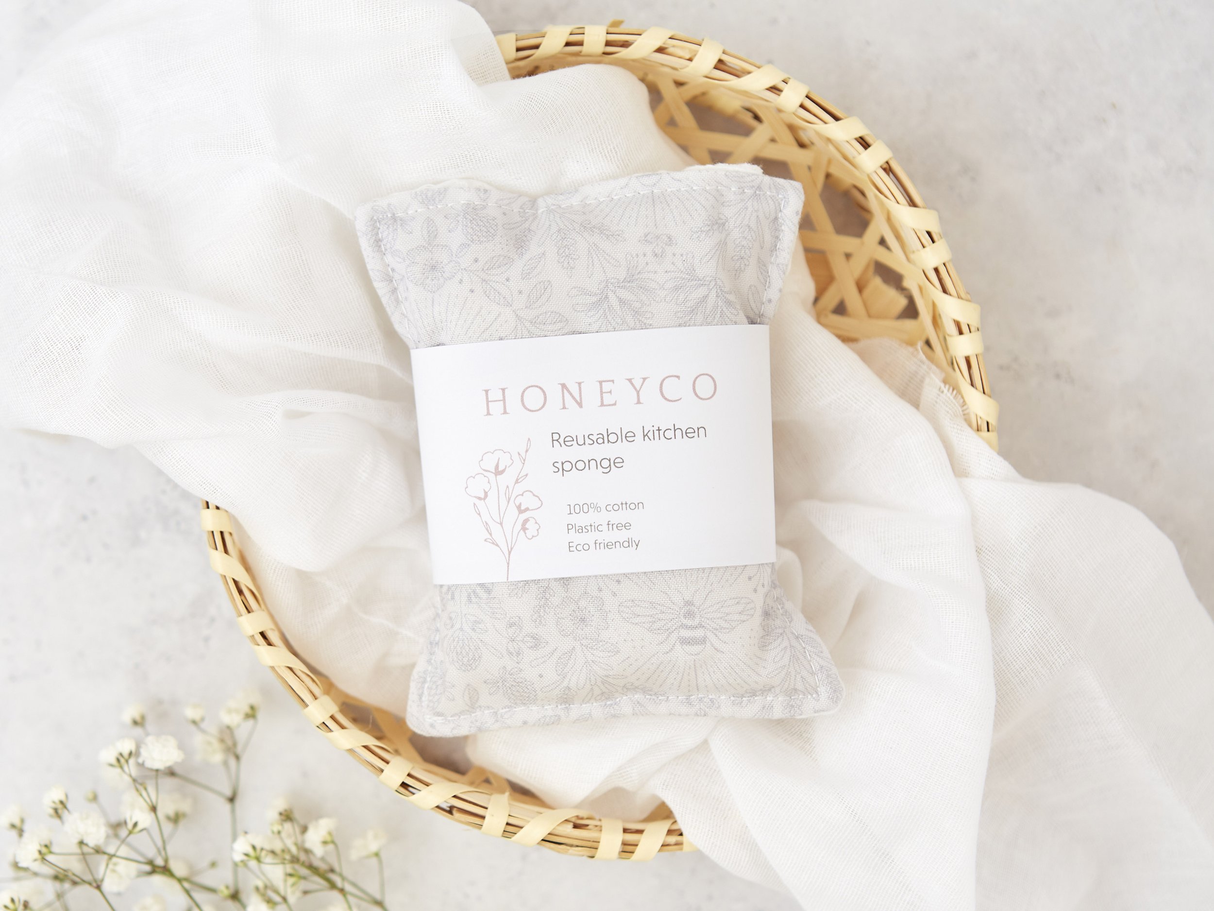 Kitchen sponge - grey bumble bee botanical - reusable eco friendly cleaning - honeyco.jpg