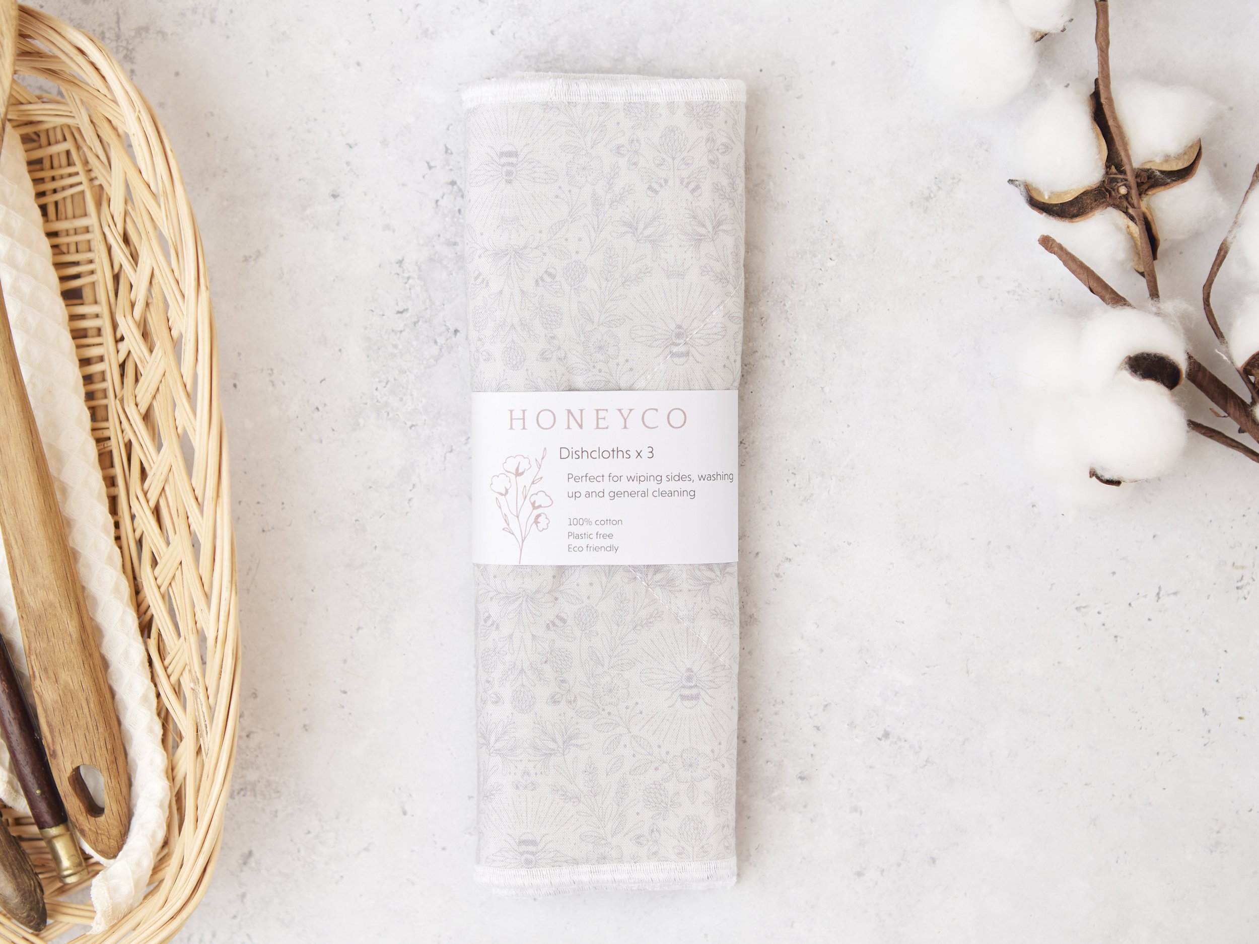 Kitchen dish cloths - grey botanical bee - reusable eco friendly cleaning - honeyco.jpg