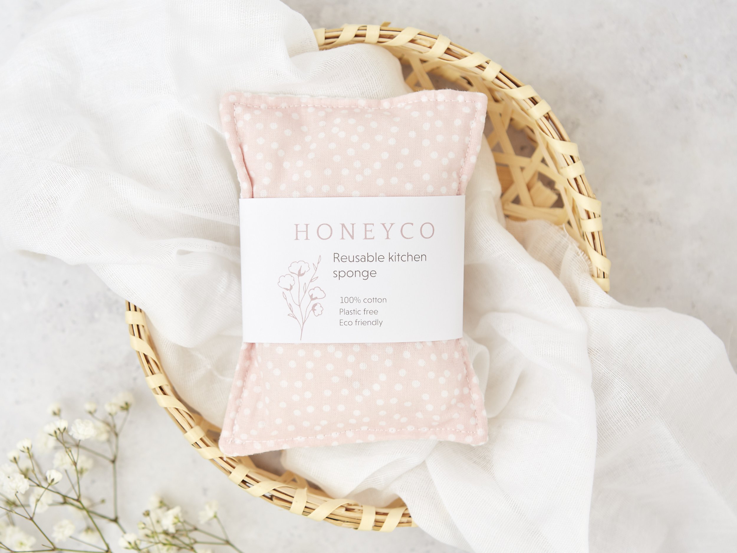 Kitchen sponge - pink polka dot - reusable eco friendly cleaning - honeyco.jpg