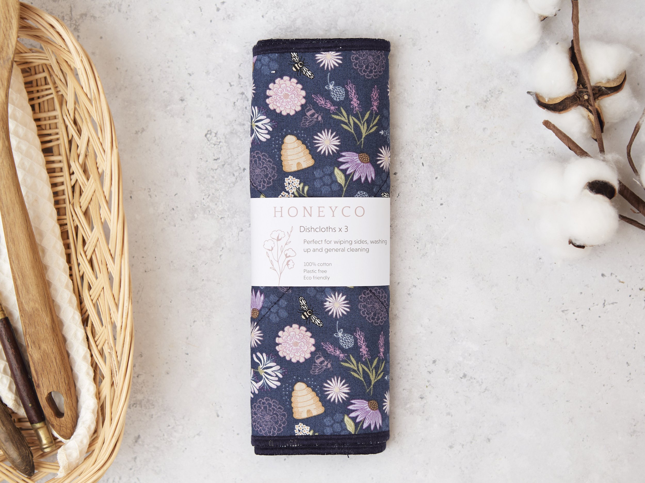 Kitchen dish cloths - navy blue botanical bee - reusable eco friendly cleaning - honeyco.jpg