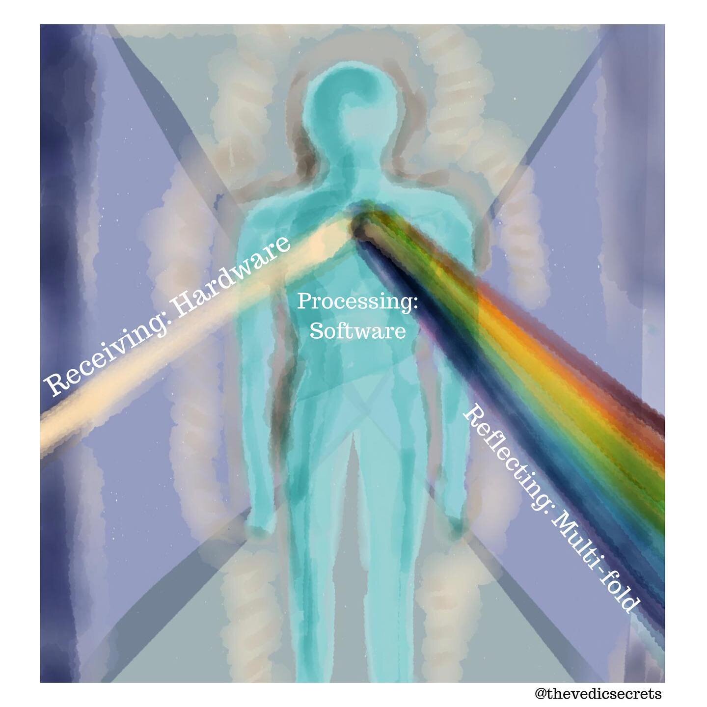 A &lsquo;SOUL&rsquo; in Vedanta is compared to a prism - transparent, having the properties of a prism. 
.
The Hardware: our five senses. 
.
The Software is the Mind Field (Mind &amp; Mind field are different from each other). The Mind Field is a fie