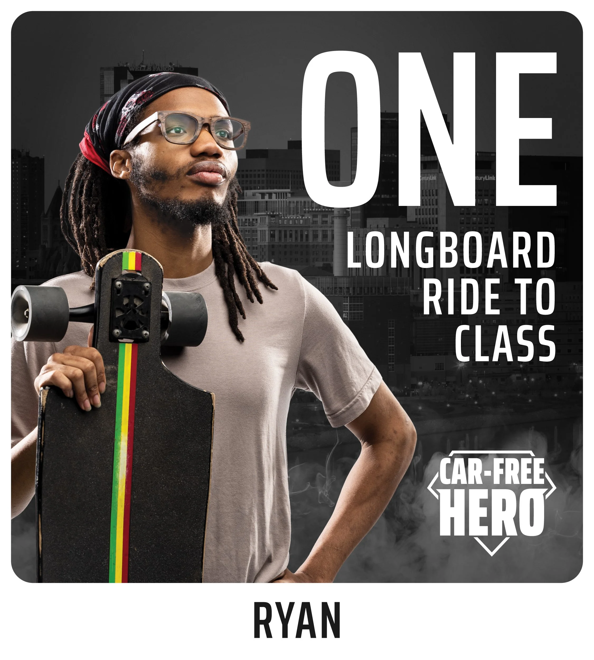 10 years ago, Ryan swapped four-wheel drives for a four-wheel glide and hasn’t looked back. You’ll see him riding his longboard to school and down hills as a Car-Free Hero.