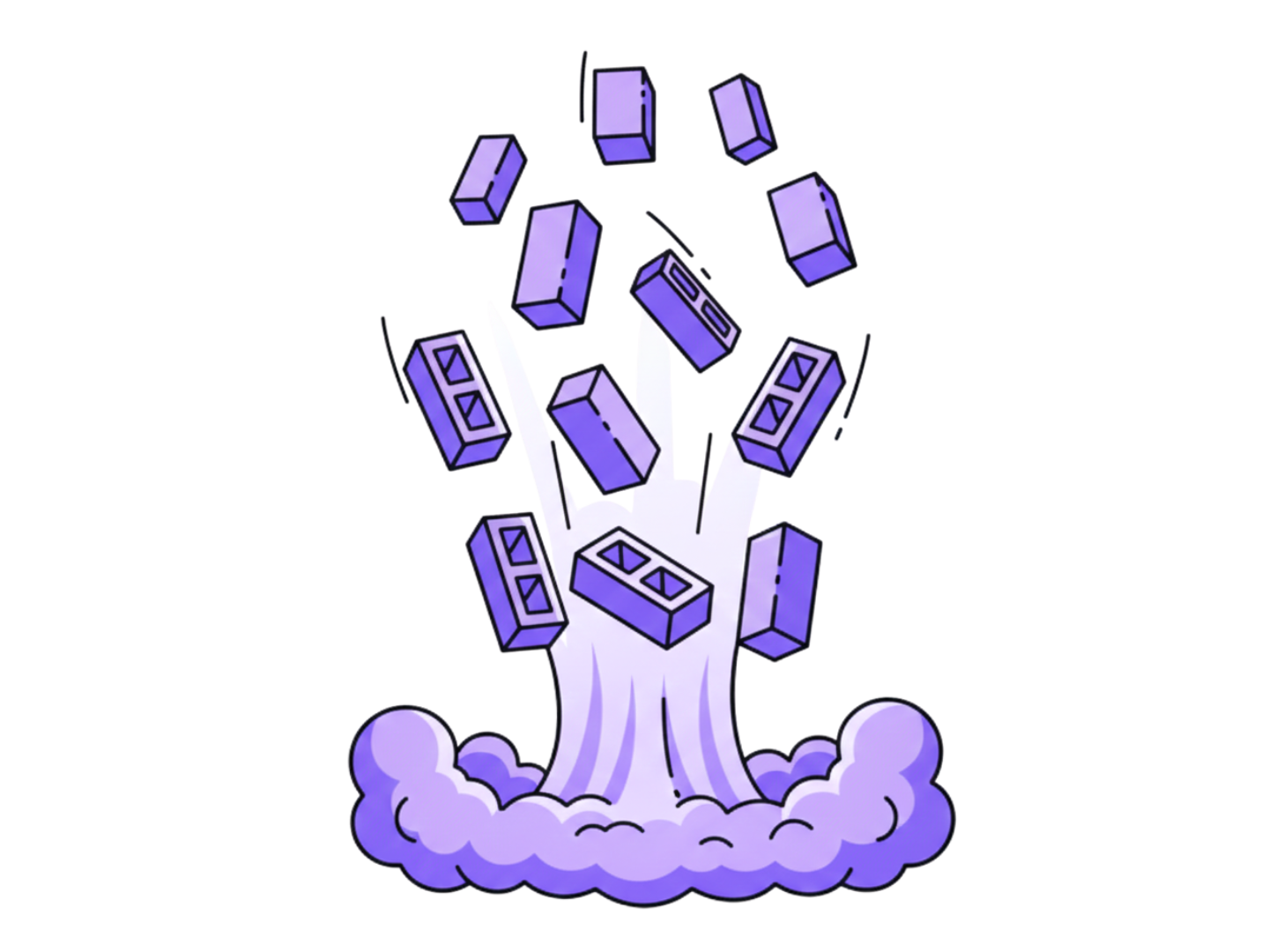 A cartoon-style explosion with purple bricks flying outward and smoke at the base.