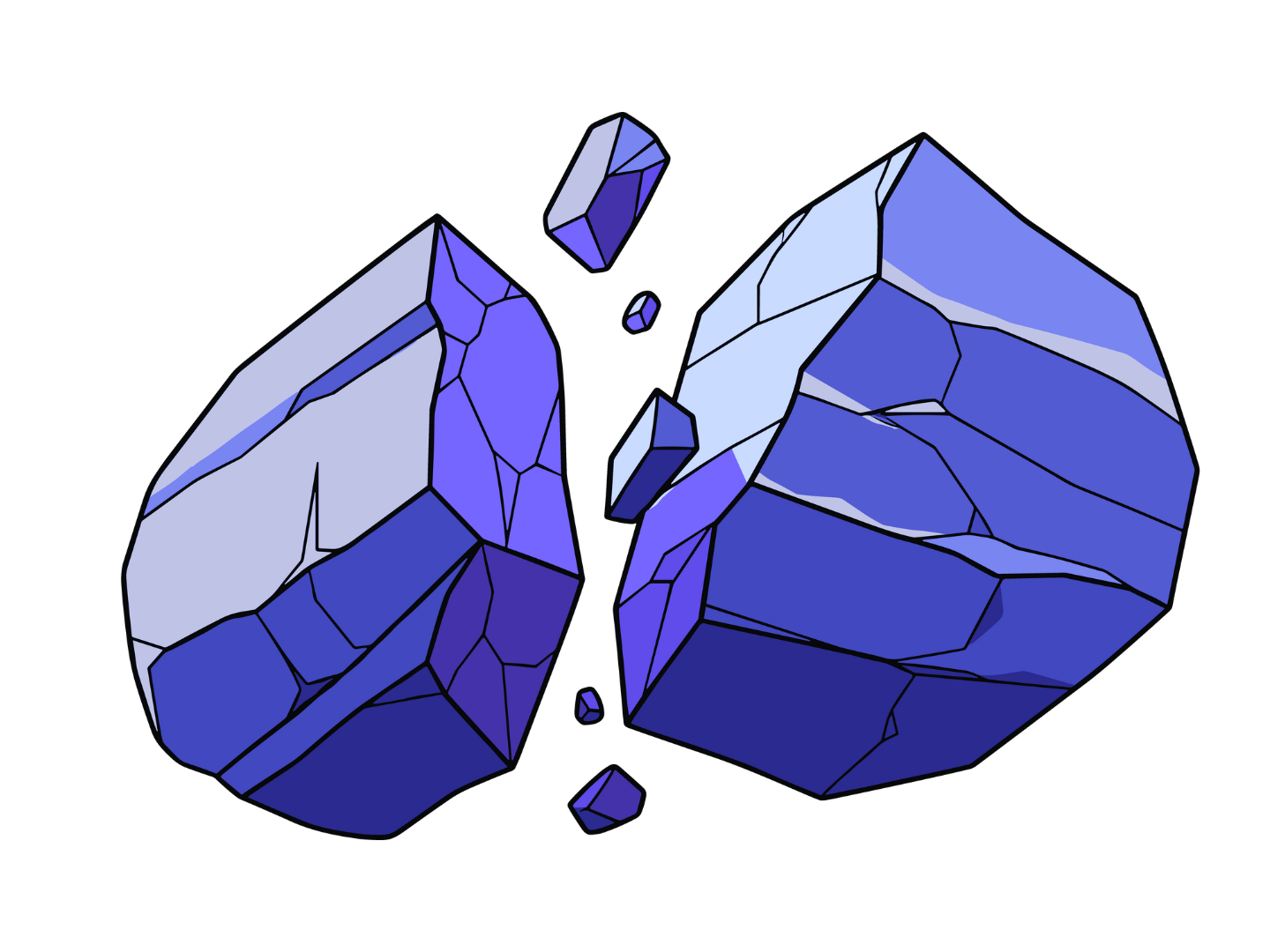 Blue and white fractured rocks with small debris around them.
