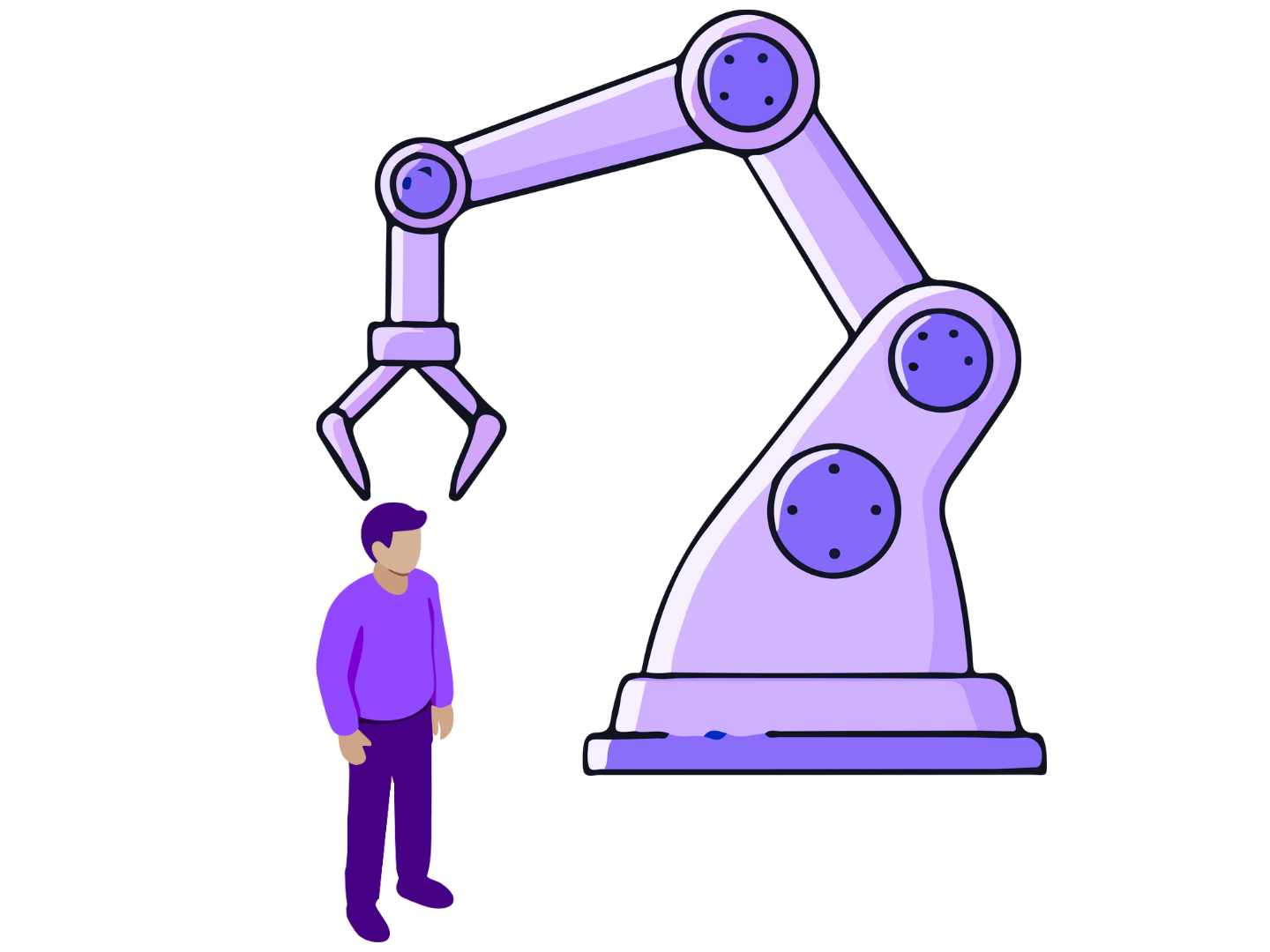 Illustration of a person standing underneath a large robotic arm that is pointing a laser at their head, with a rainbow-colored light emitting from the laser.