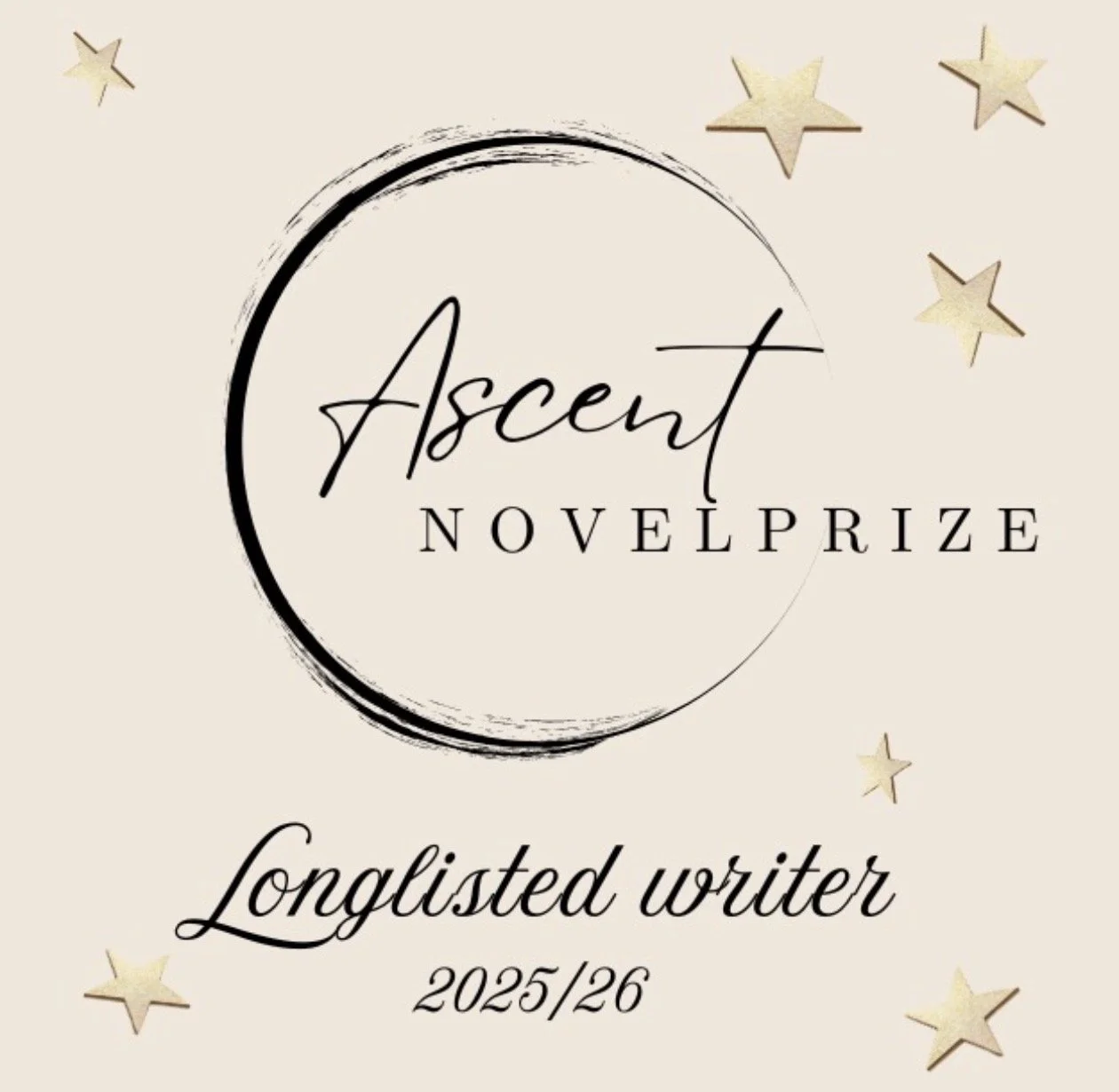 A badge announcing Longlisted writers in the 2025/26 Ascent Novel Prize