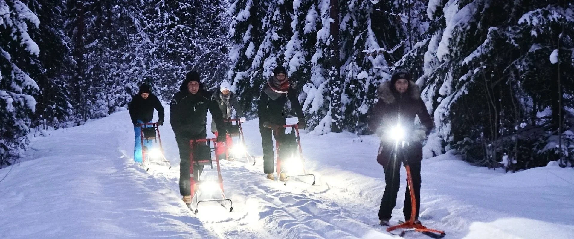 En gruppe på løbeslæde i snedækkede omgivelser i den Estiske natur. Firmarejse og event arrangeret af Groossartig.