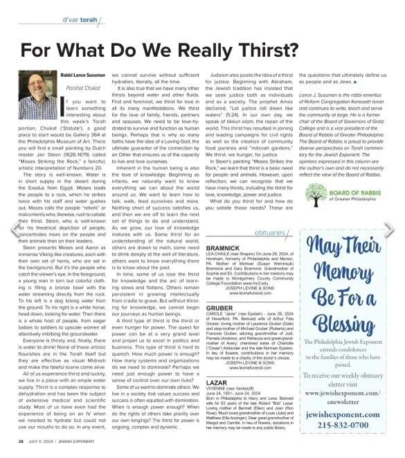 For what do we really thirst? – my latest Jewish Exponent article
