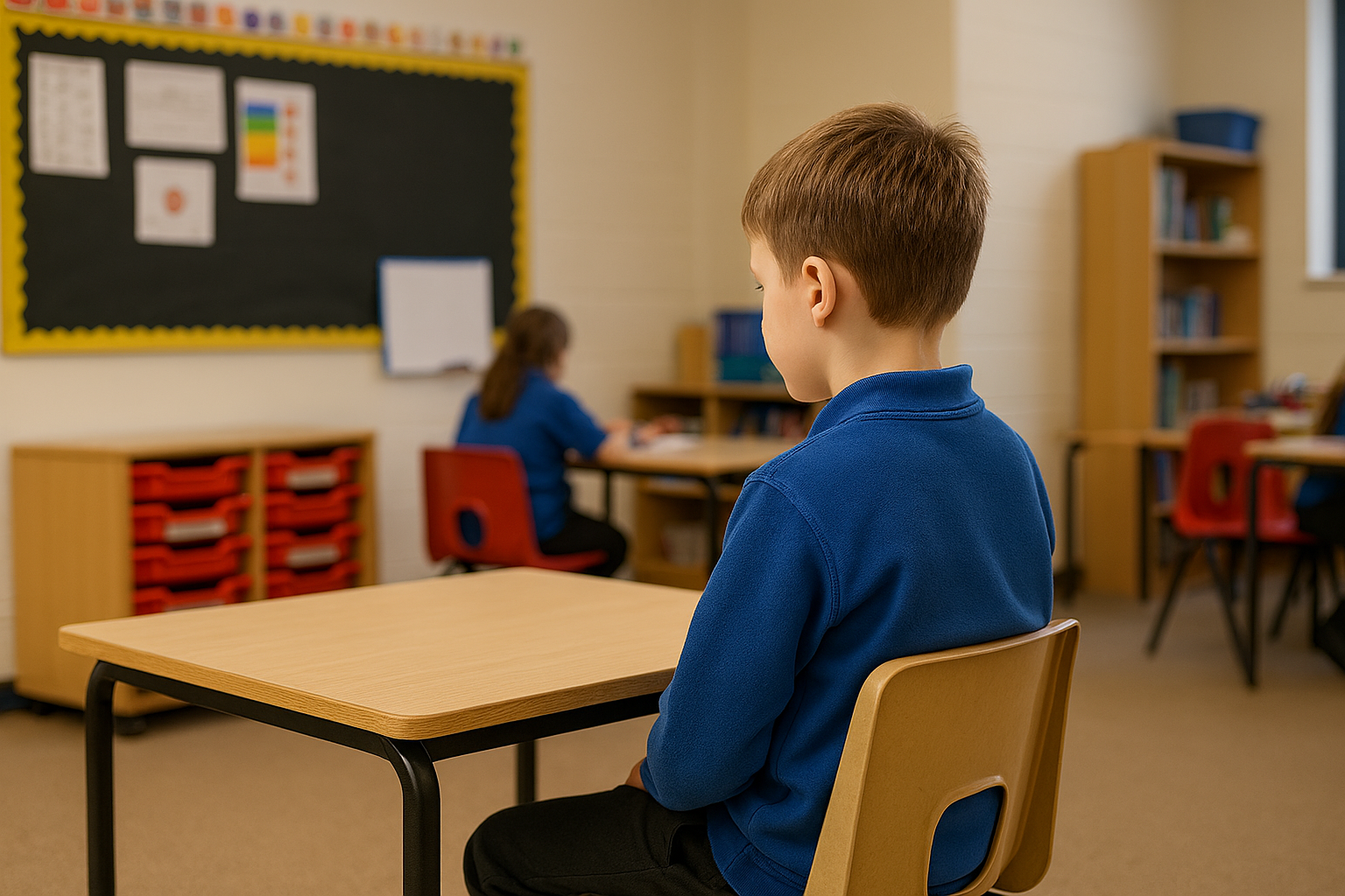 Child seated at a desk facing away from busy classroom areas to reduce distractions