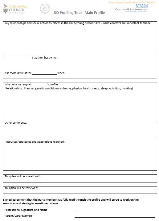 A white sheet of paper with printed text and markings, possibly showing a completed profile.