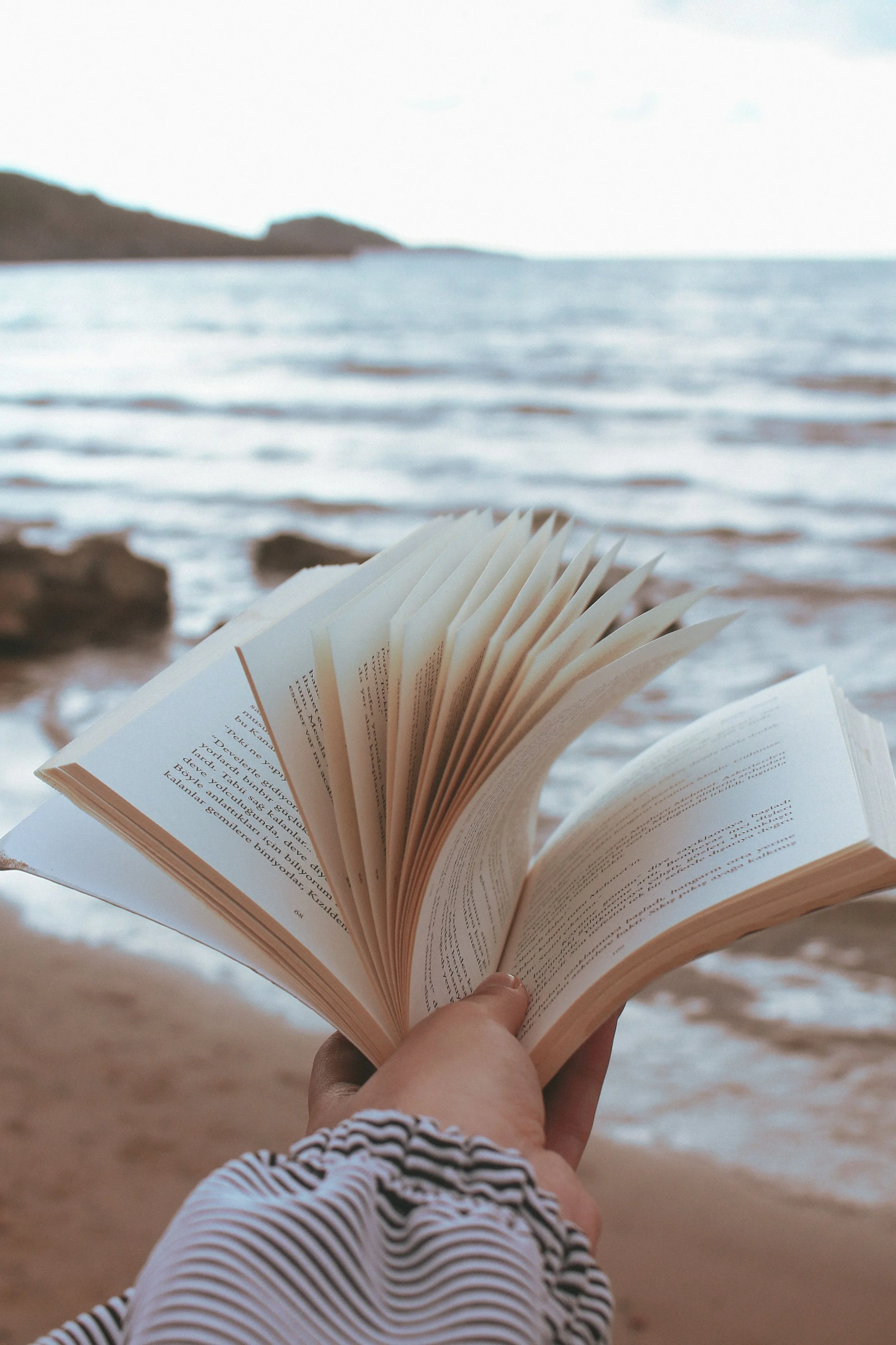 Person holding an open book at the beach, with the ocean and rocky coastline in the background.