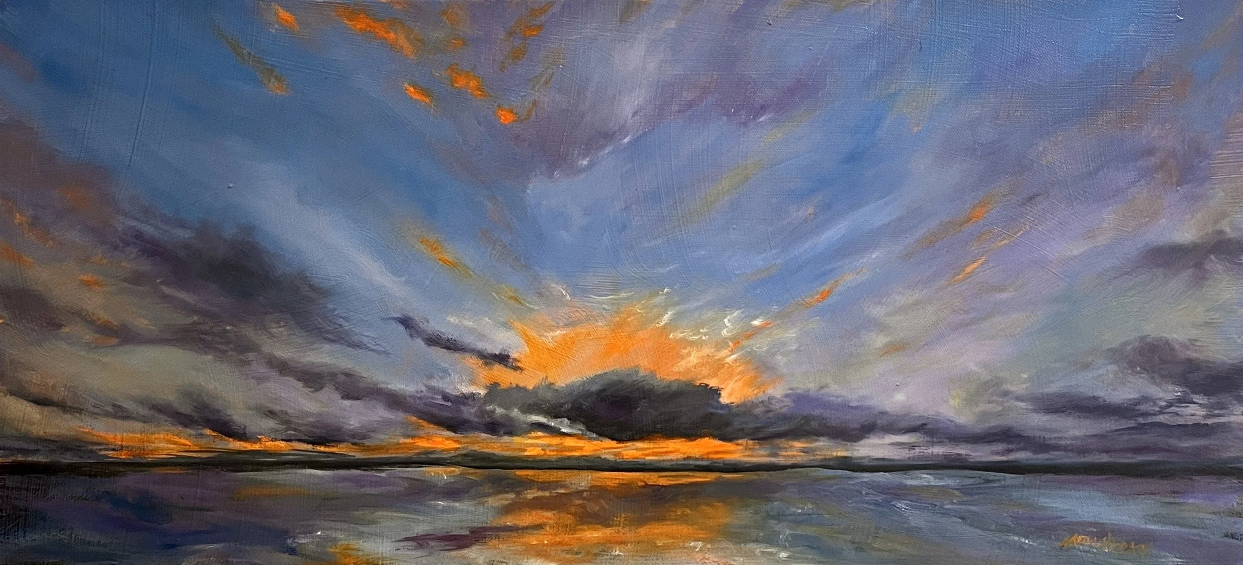 Orange Reflections 12x20 Oil on repurposed canvas