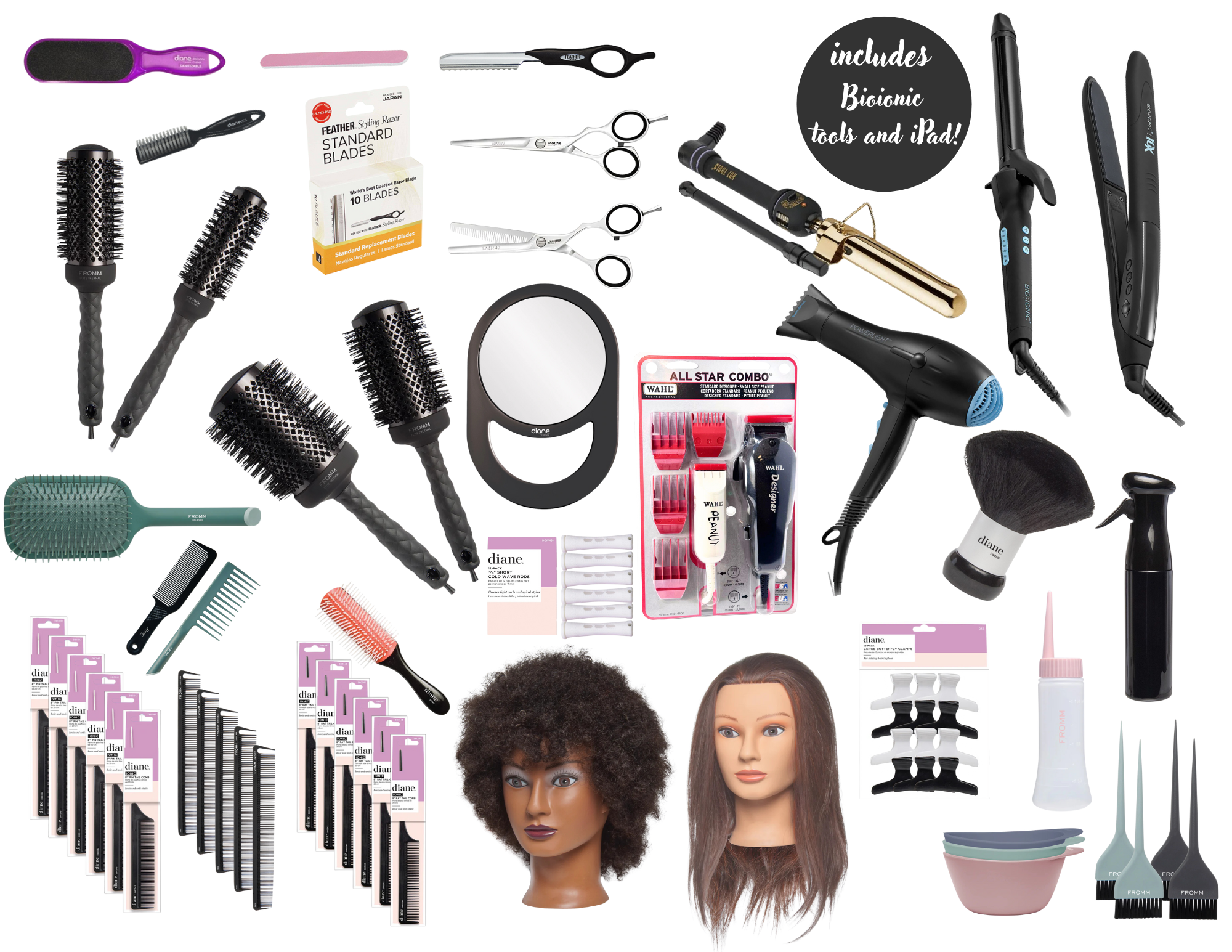 Collection of what is included in student kits - hair styling tools and accessories, including brushes, combs, scissors, curlers, a blow dryer, flat iron, curling iron, hair clips, mannequins with different hairstyles, and various hair care products.