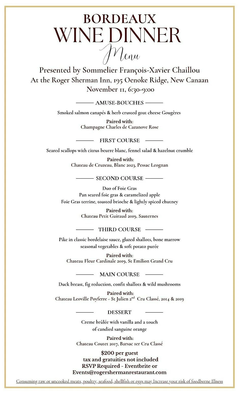 Bordeaux Wine Dinner at the Roger Sherman Inn
