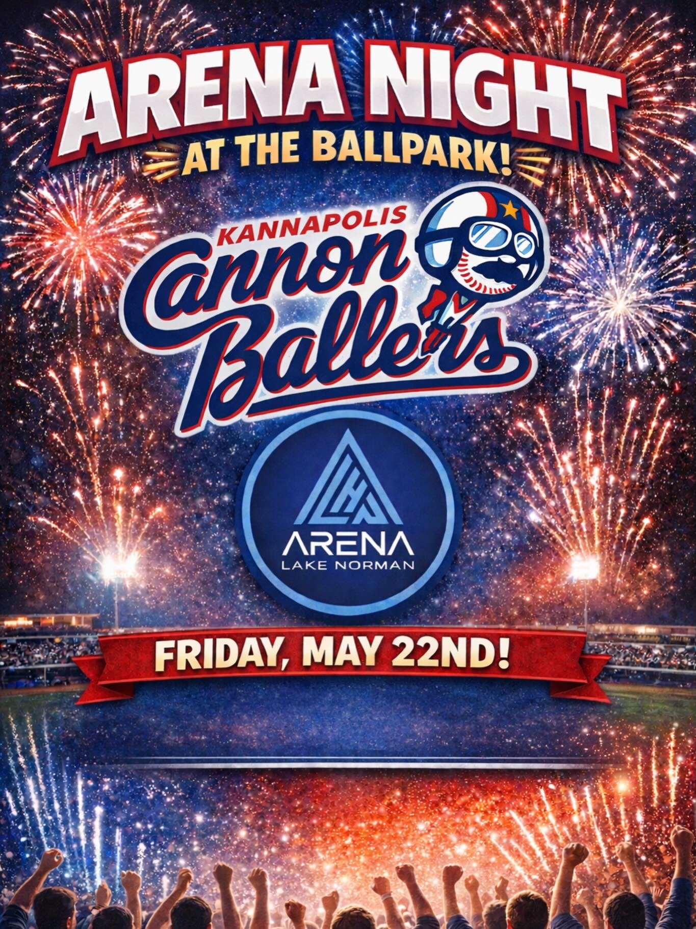 Join us Friday, May 22nd for a special Arena Kannapolis Cannon Ballers Night! With fireworks after the game!
We have a dedicated ticket link in our bio! Grab yours and come join your Arena family at the game!