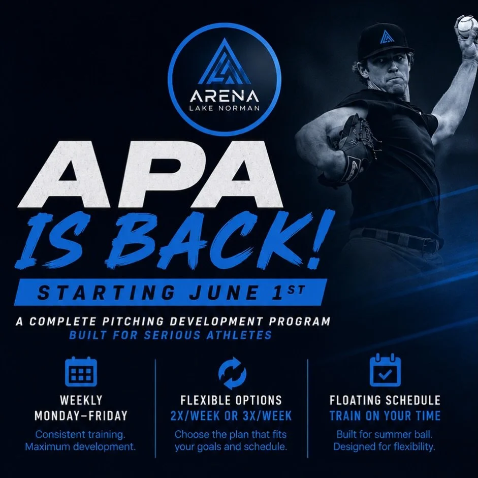 🚨 APA IS BACK!! 🚨

Arena Pitching Academy returns June 1st-August 28th

Built for serious pitchers who want to take the next step this summer.

📅 Schedule: Monday&ndash;Friday (Weekly) 11am-1pm &amp; 3-5pm
🔁 Flexible Options: 2x/week or 3x/week
?