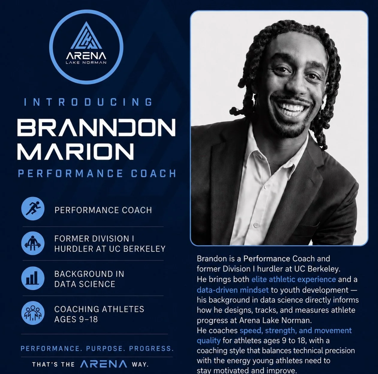 🚨 INTRODUCING BRANNDON MARION 🚨

Arena Lake Norman is excited to welcome Branndon Marion to our performance staff as our newest Performance Coach.

Branndon brings a unique combination of elite athletic experience and a data-driven approach to athl