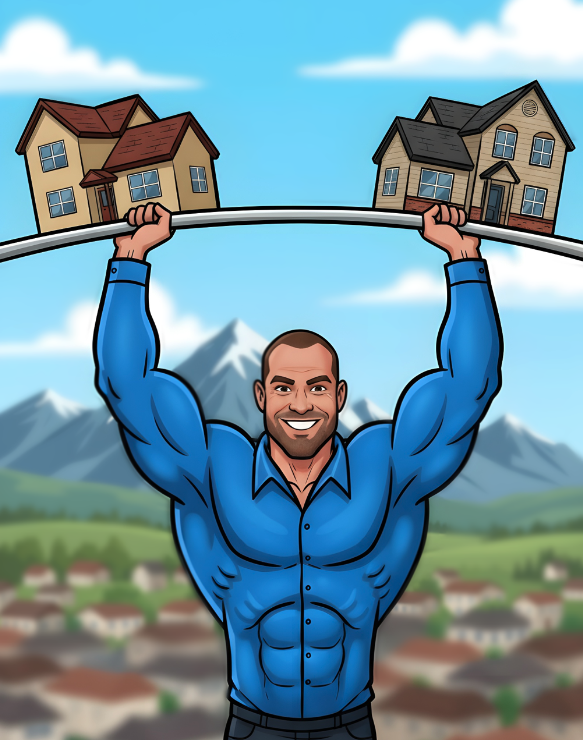 Rov Van Gorder, Real Estate Agent, cartoon depiction doing the heaving lifting with houses on a barbell