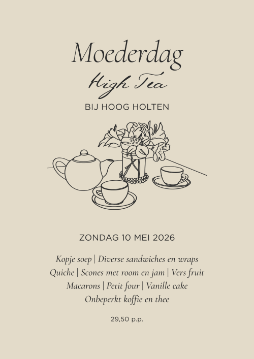 Menu Moederdag High Tea, kopjes, theekan, bloemen