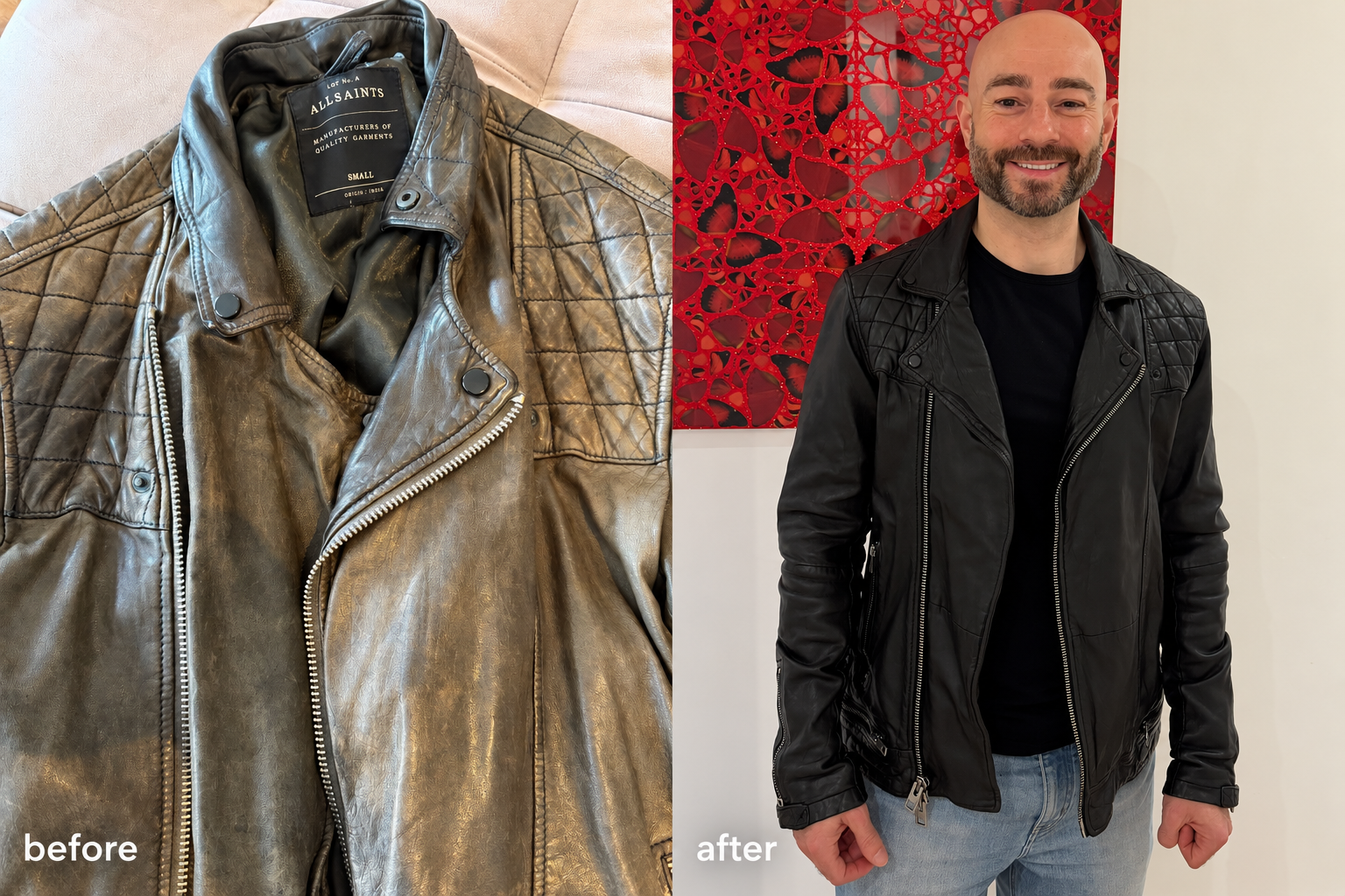 A before photo of the faded jacket, and after photo of Mostyn wearing the 'back to black' jacket.