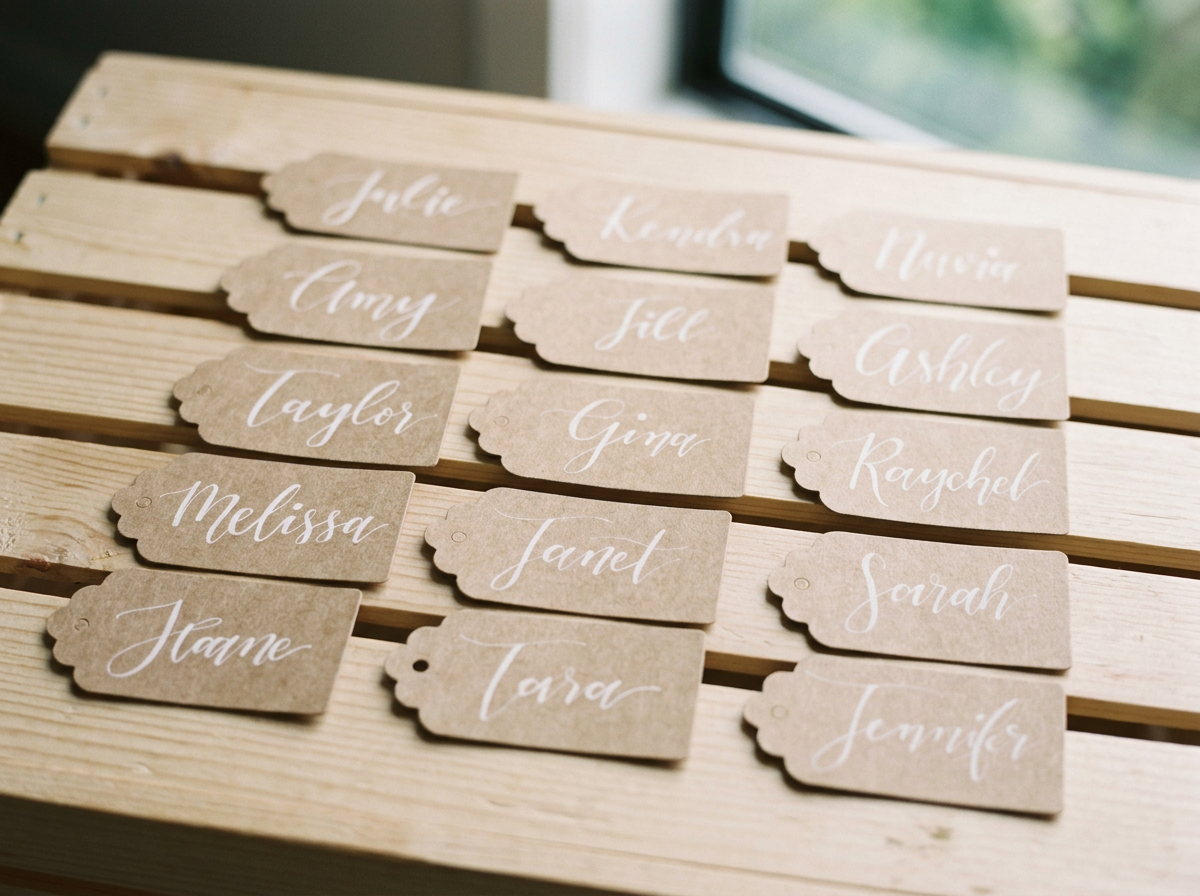Custom wedding place seating cards by Bluebird Lettering Co.
