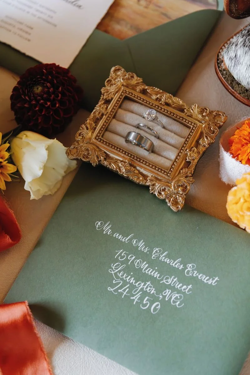 Custom wedding invitation suite with hand-calligraphed envelopes and place cards. Anna Ree Photography. BluebirdLetteringCo.
