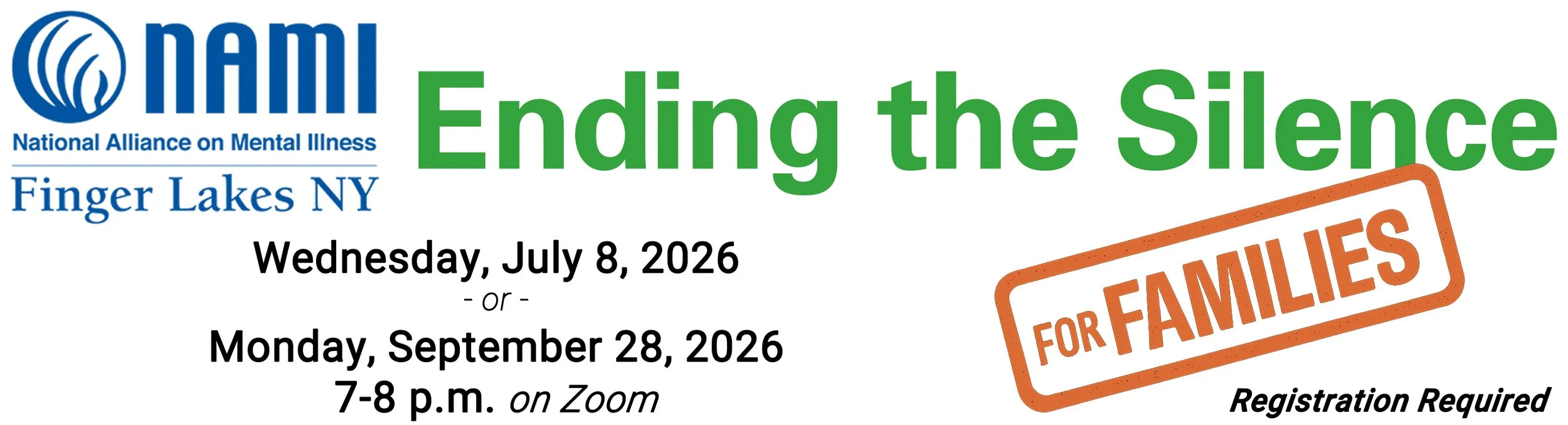 NAMI Ending the Silence for Families presentation on Zoom July 8 or September 28. Registration Required.
