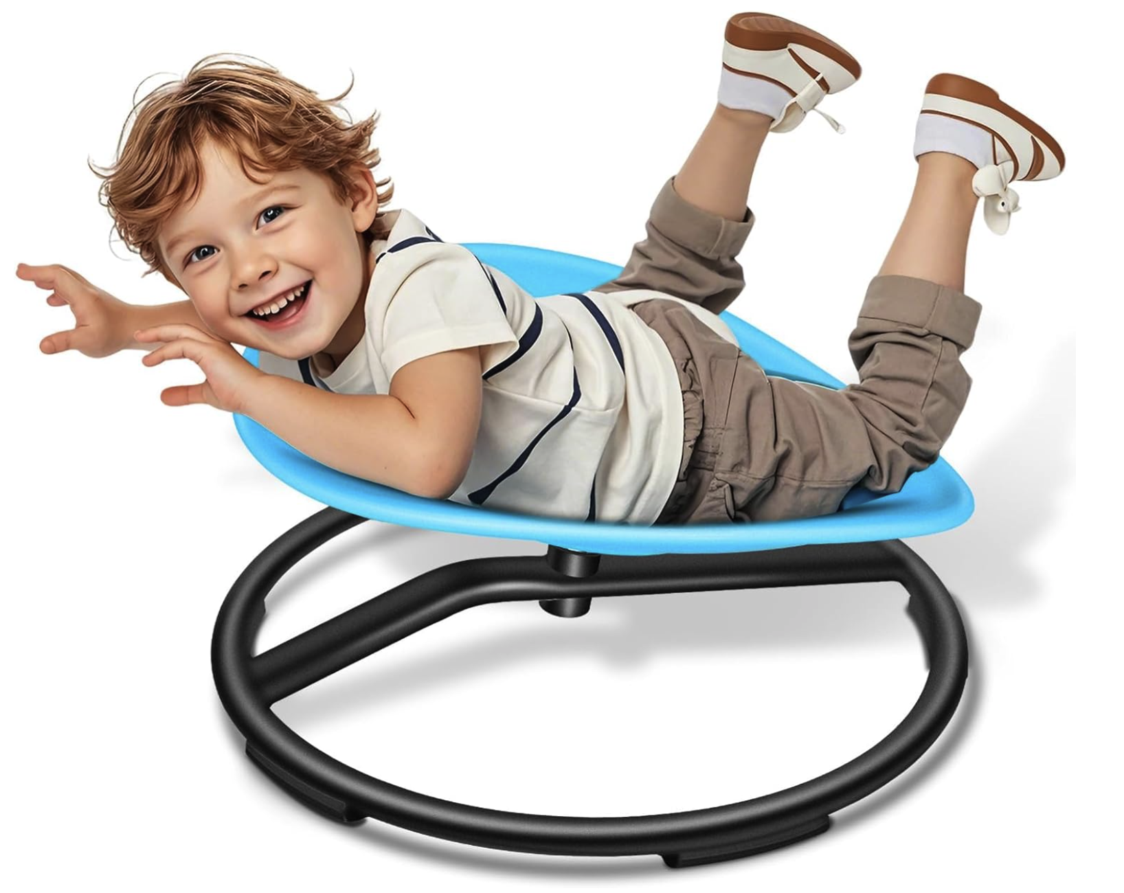 Young boy on his belly on a blue spinning disc chair