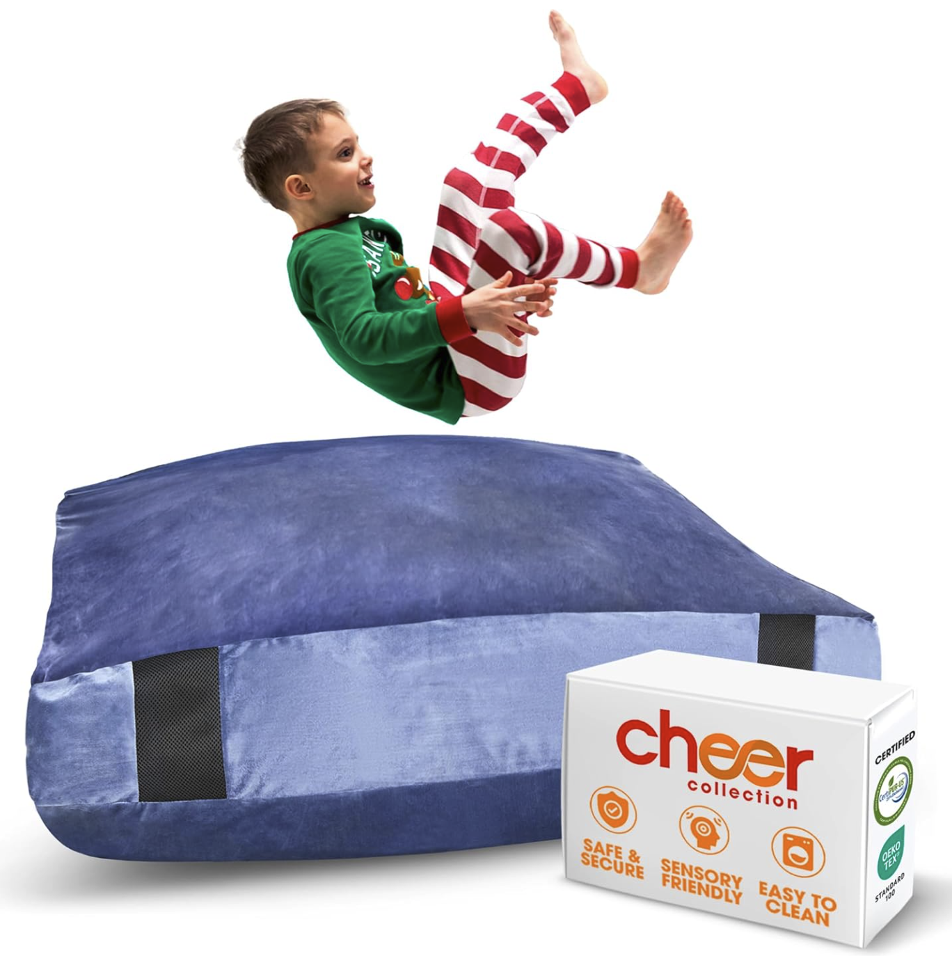 Child jumping onto navy blue crash pad