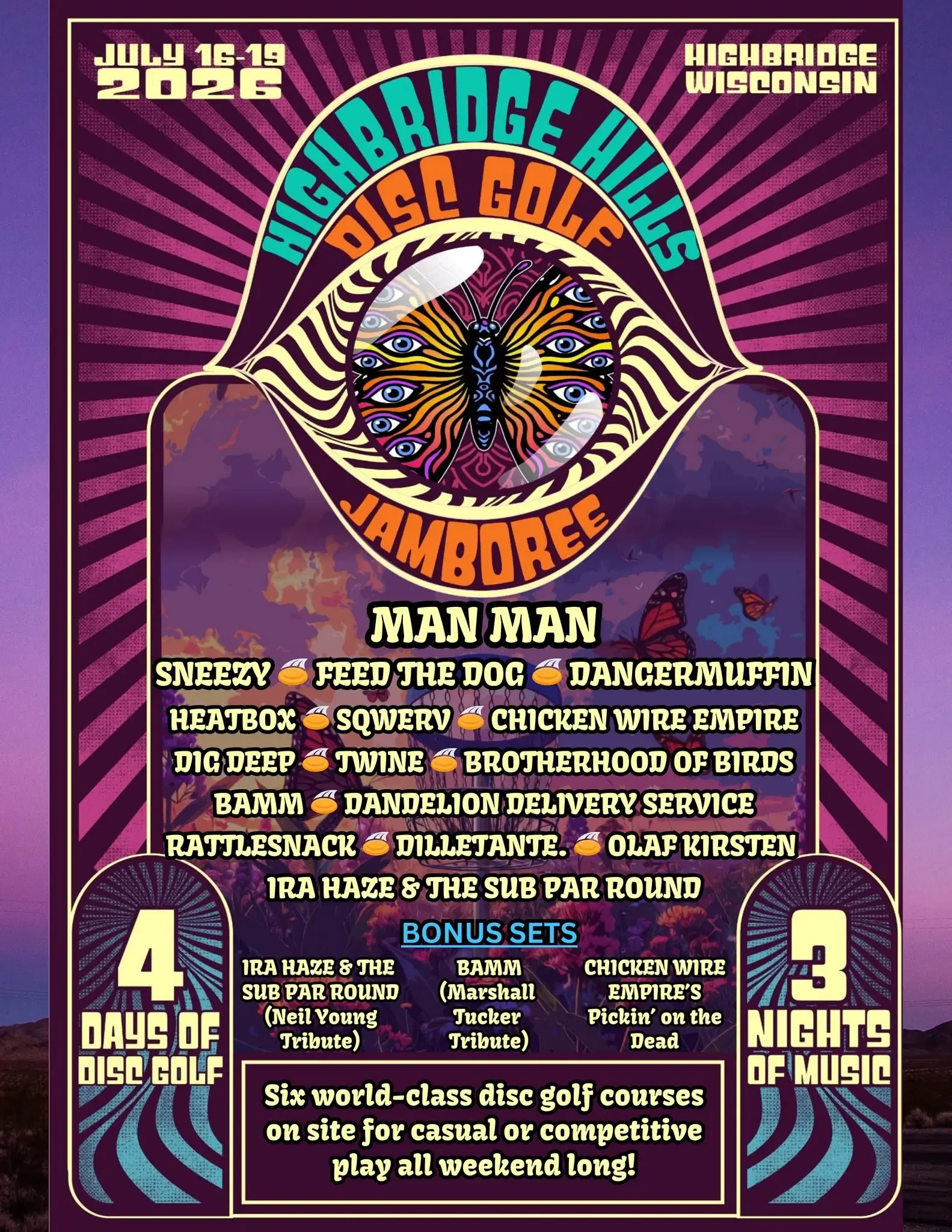 Concert purple for Highbridge Hills Disc Golf Jamboree in purple psychedelia displaying band lineup and concert information
