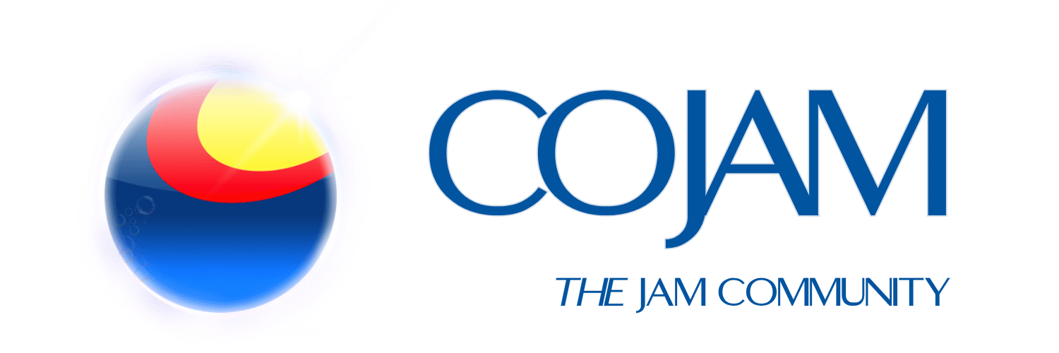 Logo and text for COjam: The Jam Community of Colorado blue, red and yellow sphere