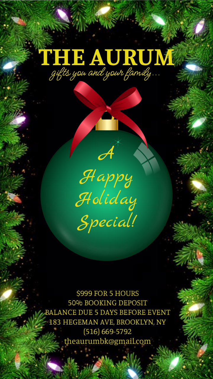 Digital holiday gift advertisement with a green Christmas ornament and a red bow, surrounded by decorated green pine branches and colorful lights, with yellow text promoting a holiday special, location, contact info, and booking details.