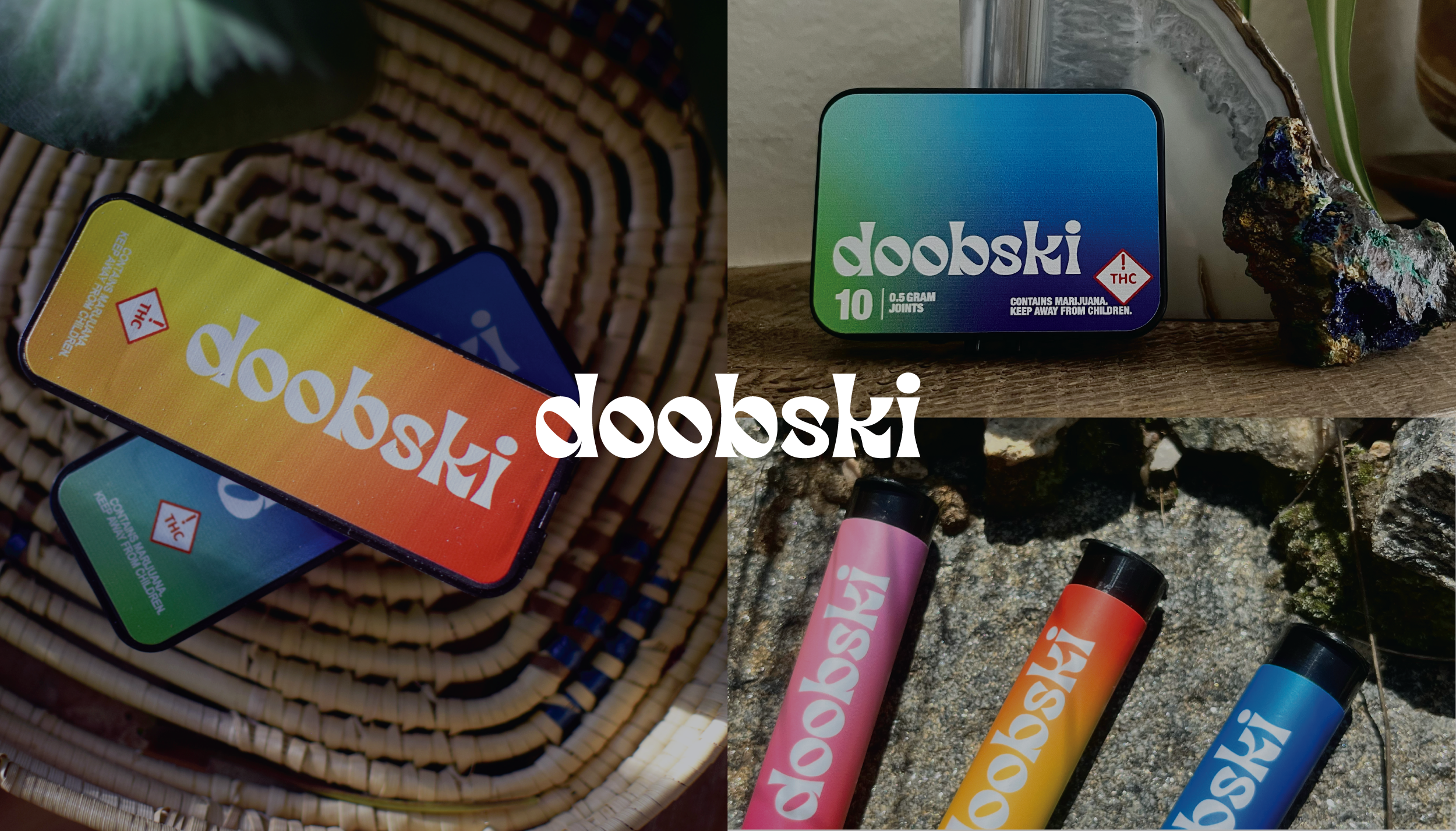 Collage of three images showing colorful containers of doobski THC products, including a tin with marijuana joints, a pink vape pen, an orange vape pen, and a blue vape pen, with the doobski logo overlayed in the center.